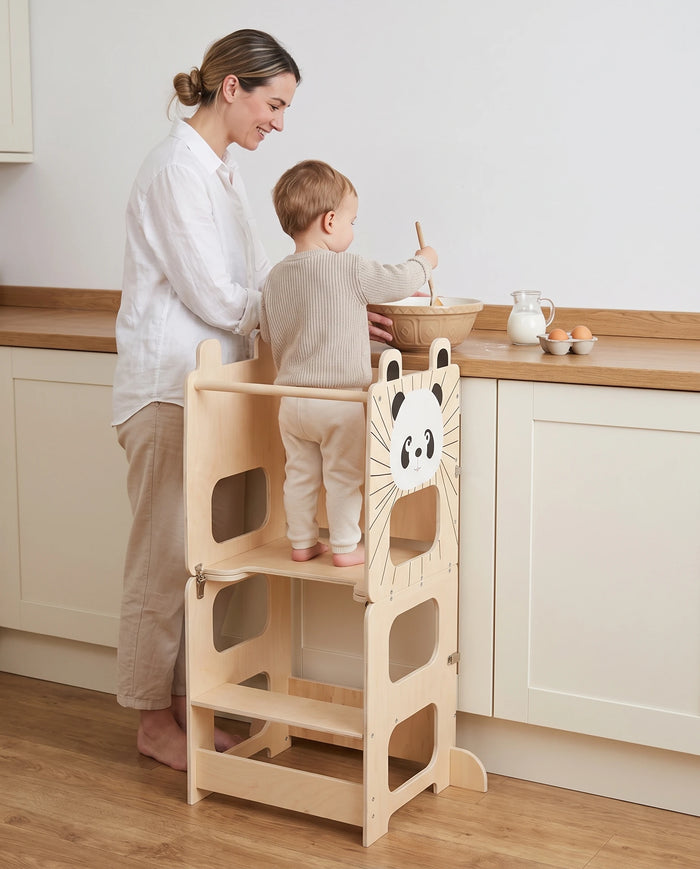 Tour d'observation Montessori pliable 3 en 1 - tour, table et banc, avec tableau noir
