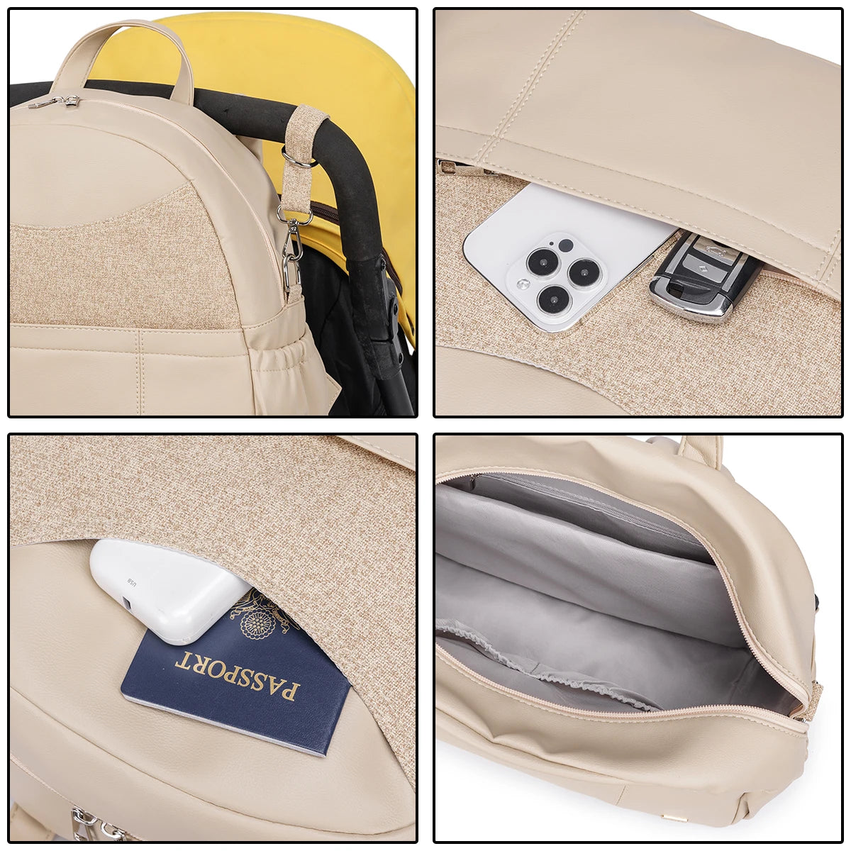 Sac à dos à langer chic - Simili cuir et lin chiné