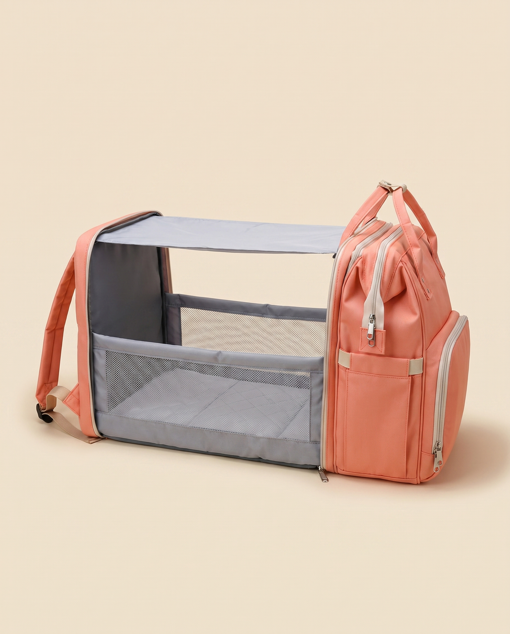 Sac à dos à langer nomade Tendrinette · Corail · berceau déplié [c:corail]
