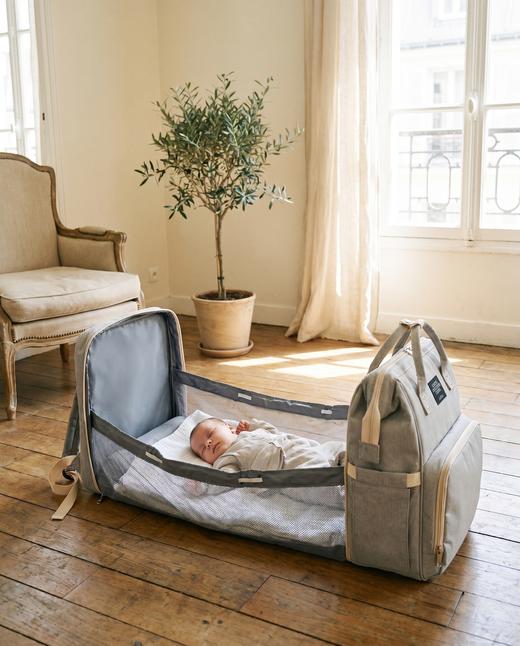 Sac à dos à langer nomade Tendrinette · Gris · bébé dans le berceau [c:gris]