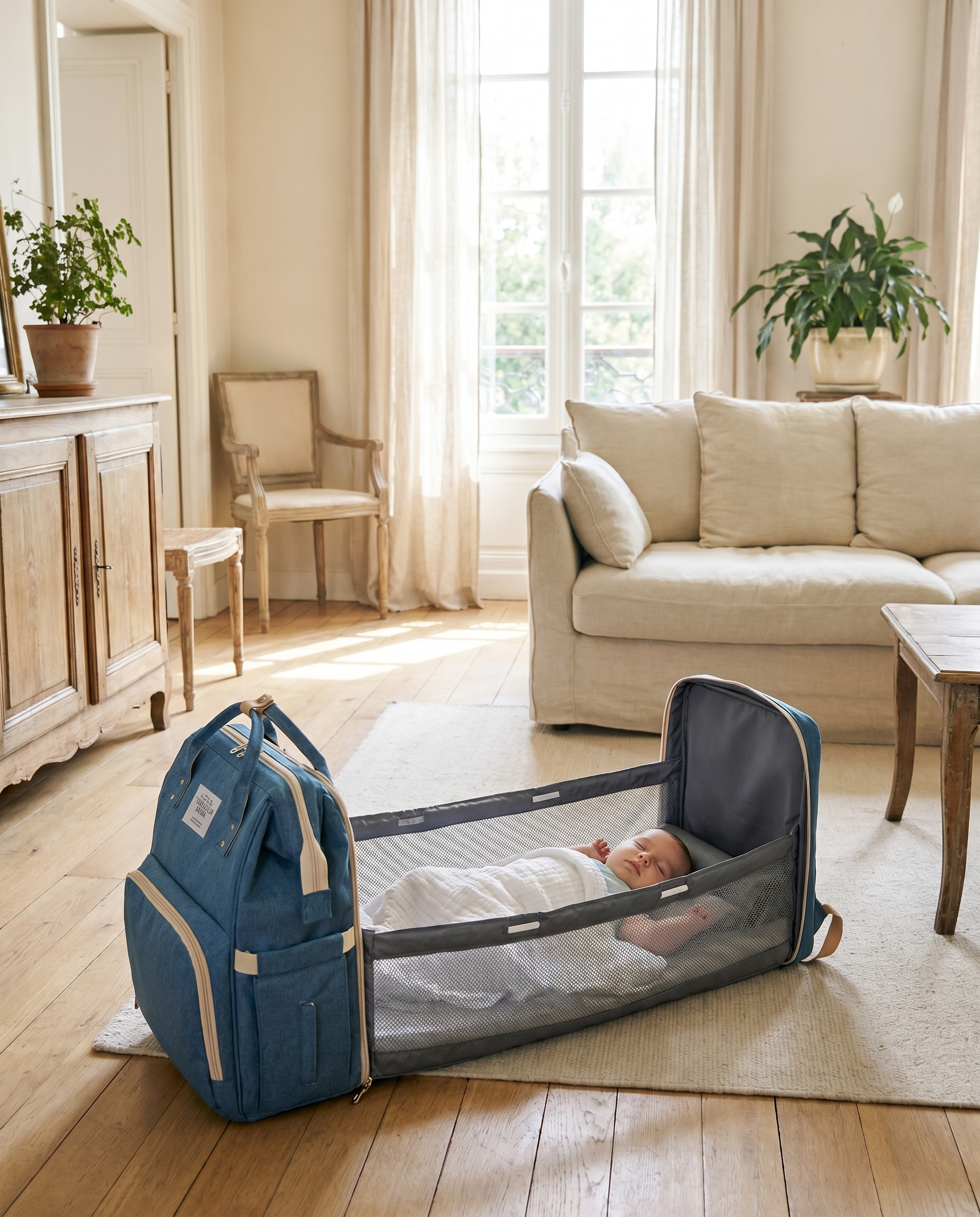 Sac à dos à langer nomade Tendrinette · Bleu · bébé dans le berceau [c:bleu]