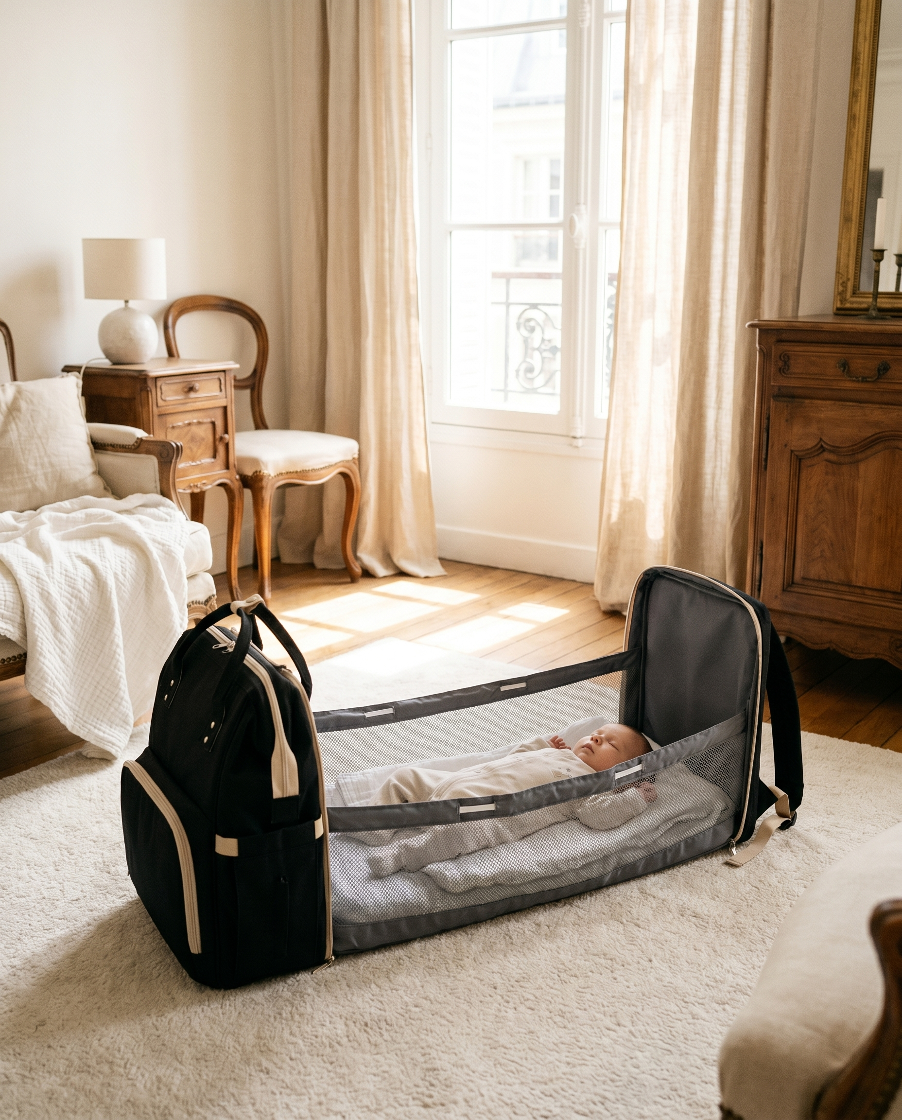 Sac à dos à langer nomade Tendrinette · Noir · bébé dans le berceau [c:noir]