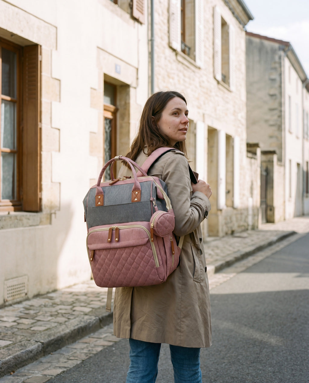 Sac à langer 2-en-1 Tendrinette · Gris rosé · porté [c:gris-rose]