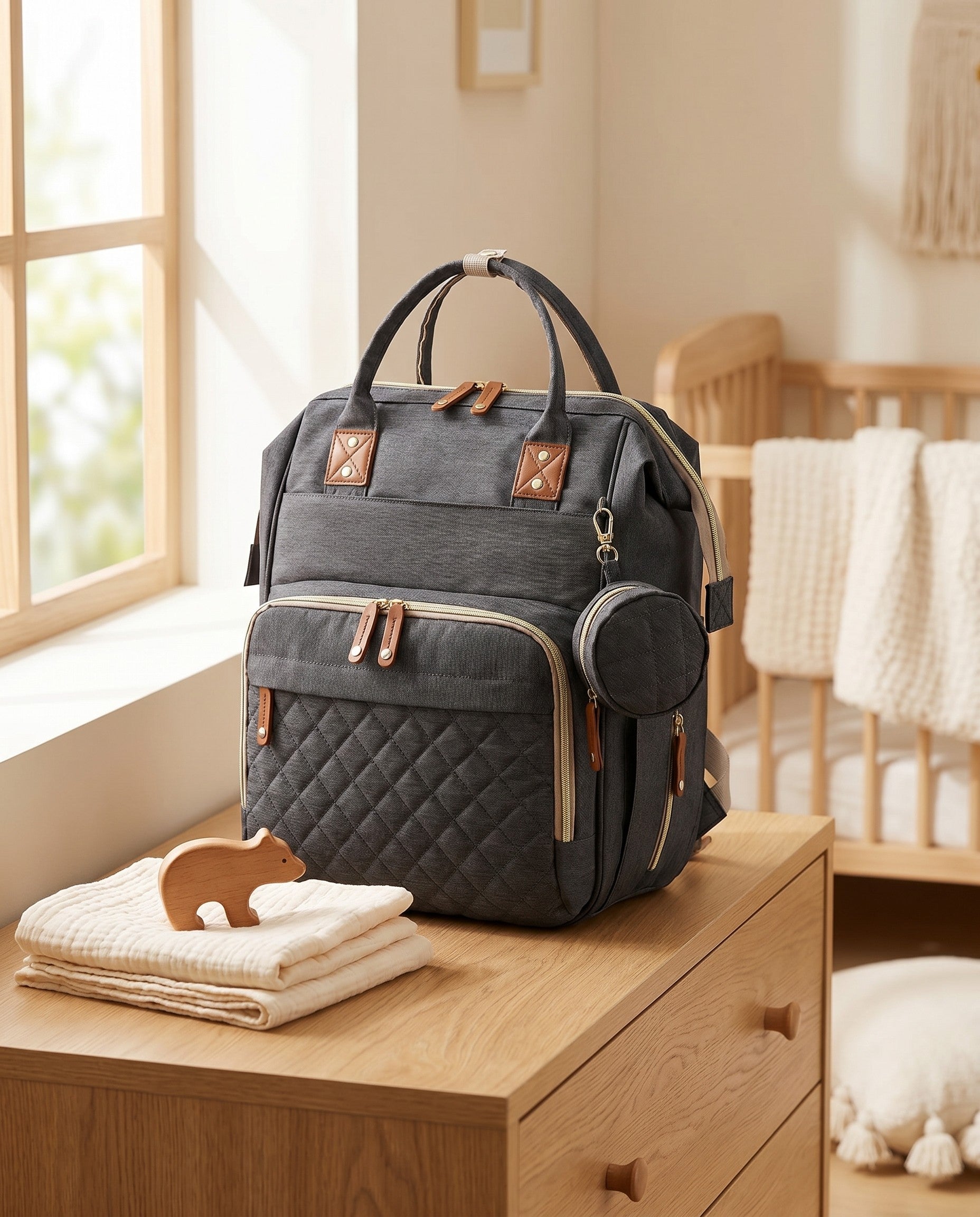 Sac à langer 2-en-1 Tendrinette · Gris foncé · scène nursery [c:gris-fonce]
