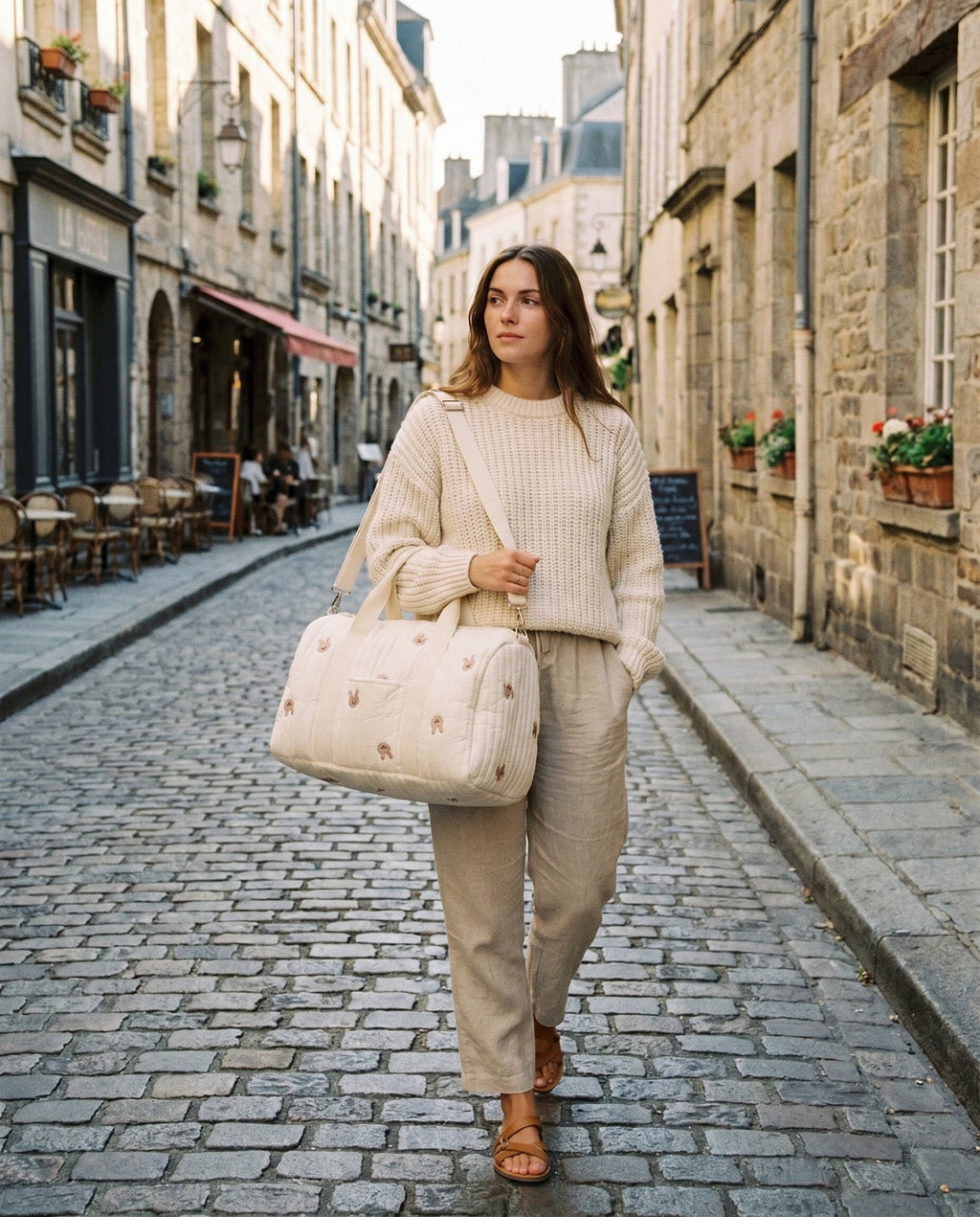 Sac à langer matelassé brodé Tendrinette · Lapin · porté
