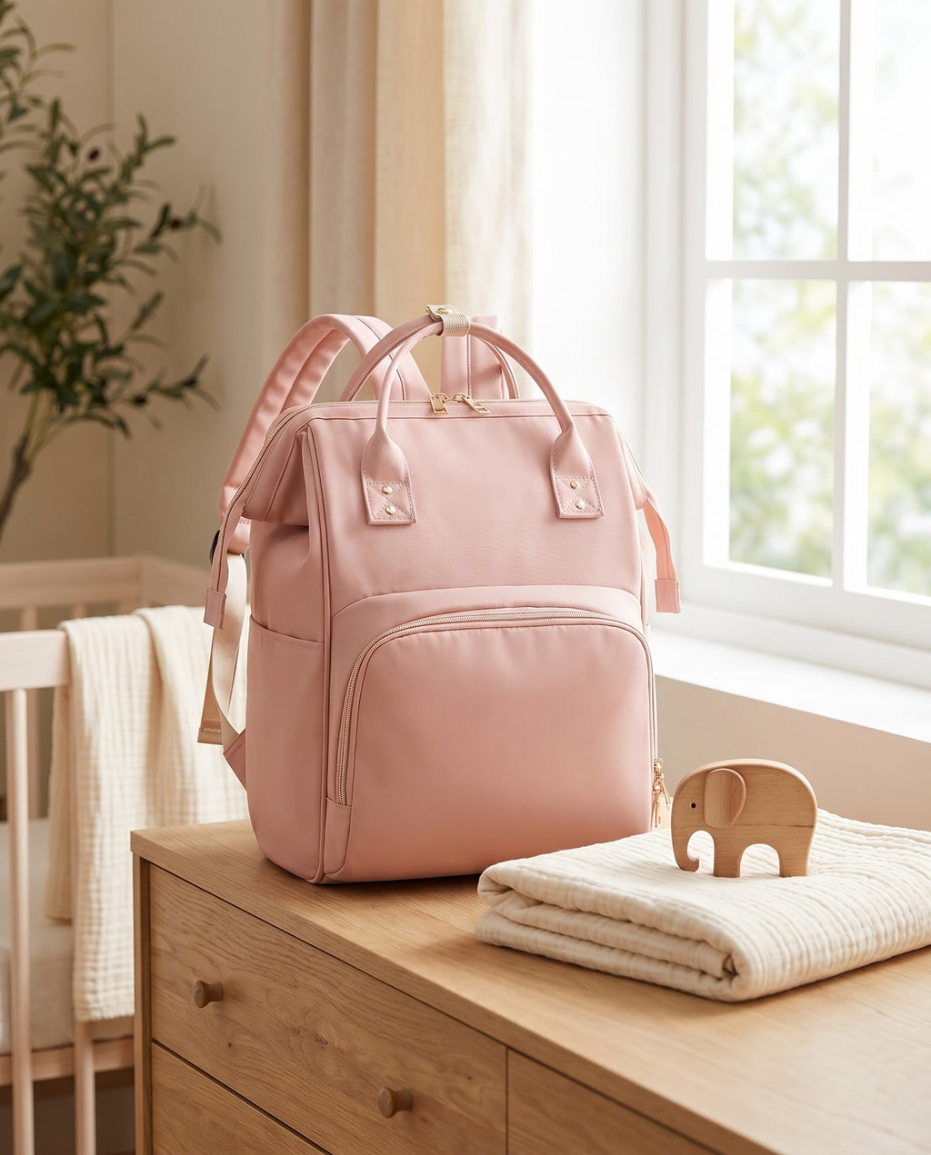 Sac à dos à langer Tendrinette · Rose · scène nursery [c:rose]