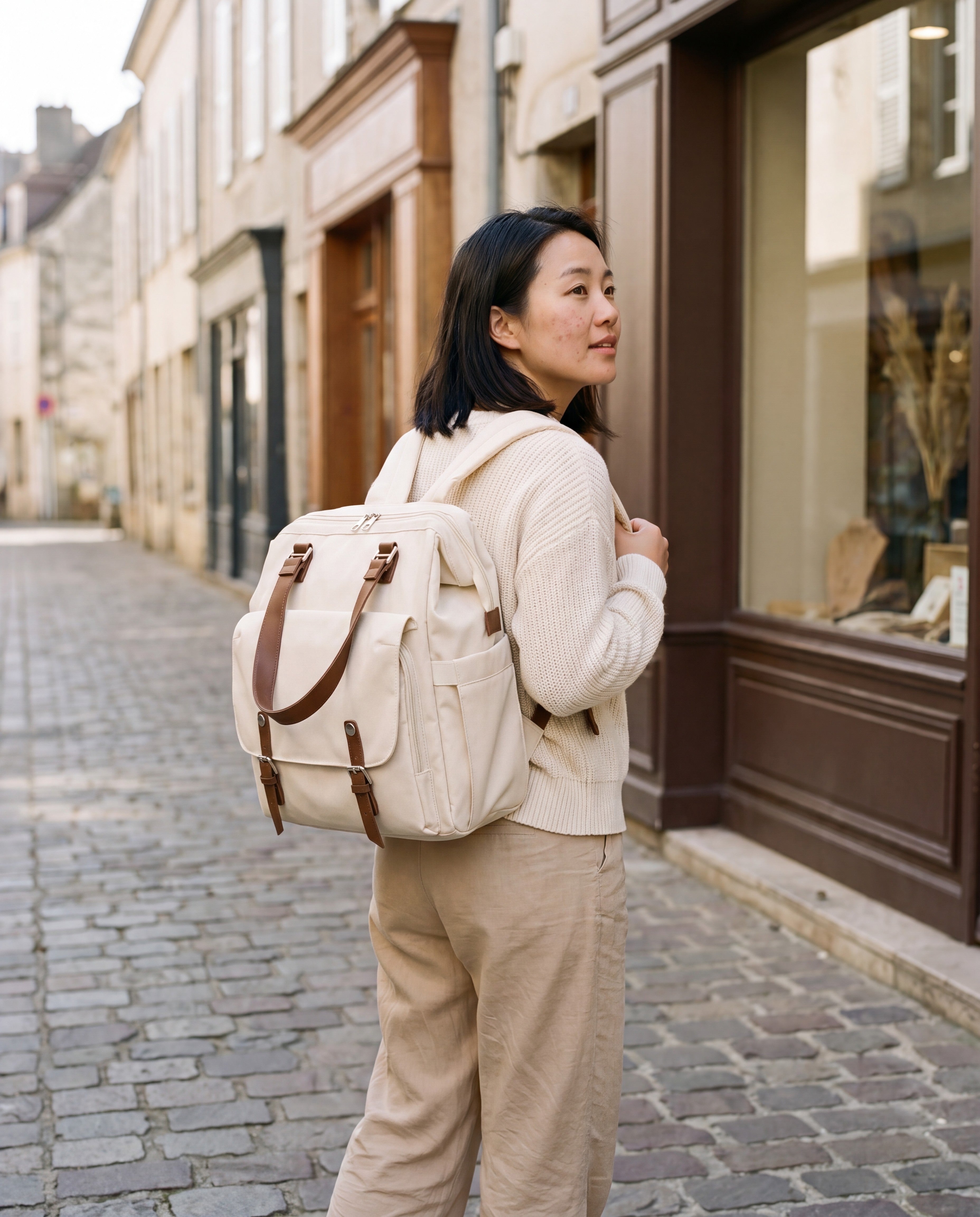 Sac à dos à langer vintage Tendrinette · Beige · porté [c:beige]