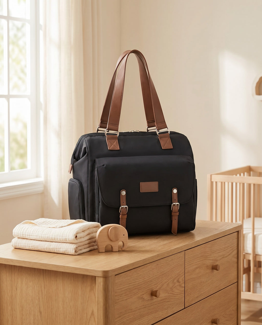 Sac à dos à langer vintage Tendrinette · Noir · scène nursery [c:noir]