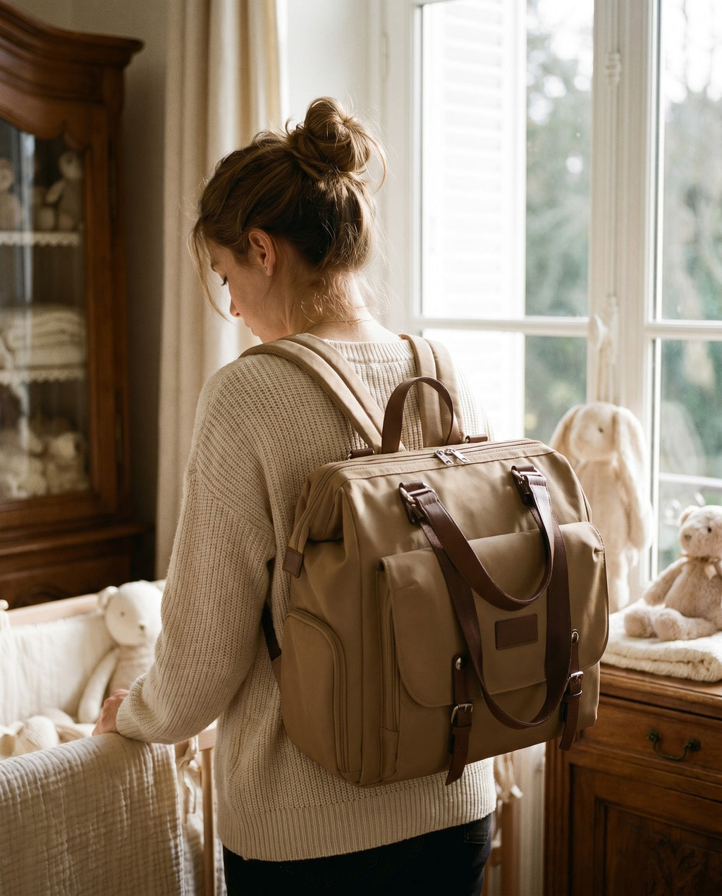 Sac à dos à langer vintage Tendrinette · Kaki · porté [c:kaki]