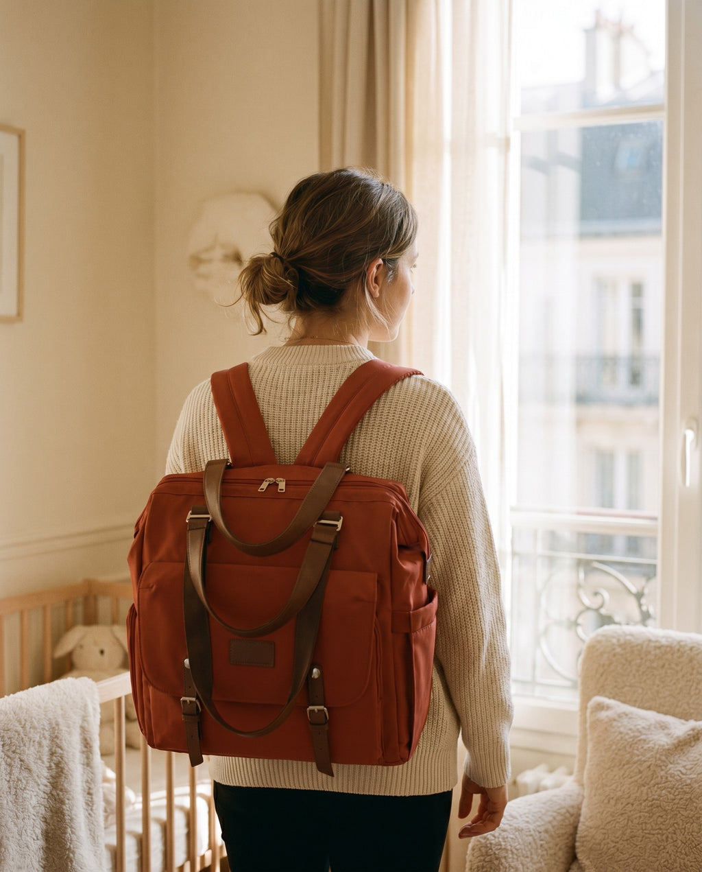 Sac à dos à langer vintage Tendrinette · Bordeaux · porté [c:bordeaux]