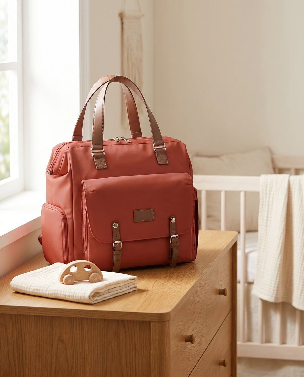 Sac à dos à langer vintage Tendrinette · Bordeaux · scène nursery [c:bordeaux]