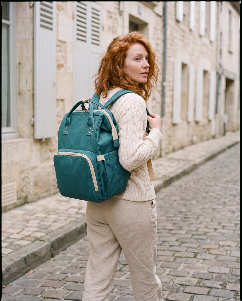 Sac à dos à langer nomade Tendrinette · Vert · porté [c:vert]