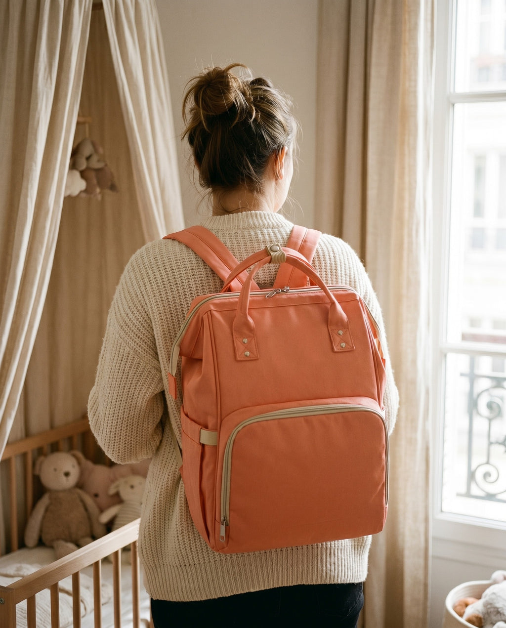 Sac à dos à langer nomade Tendrinette · Corail · porté [c:corail]