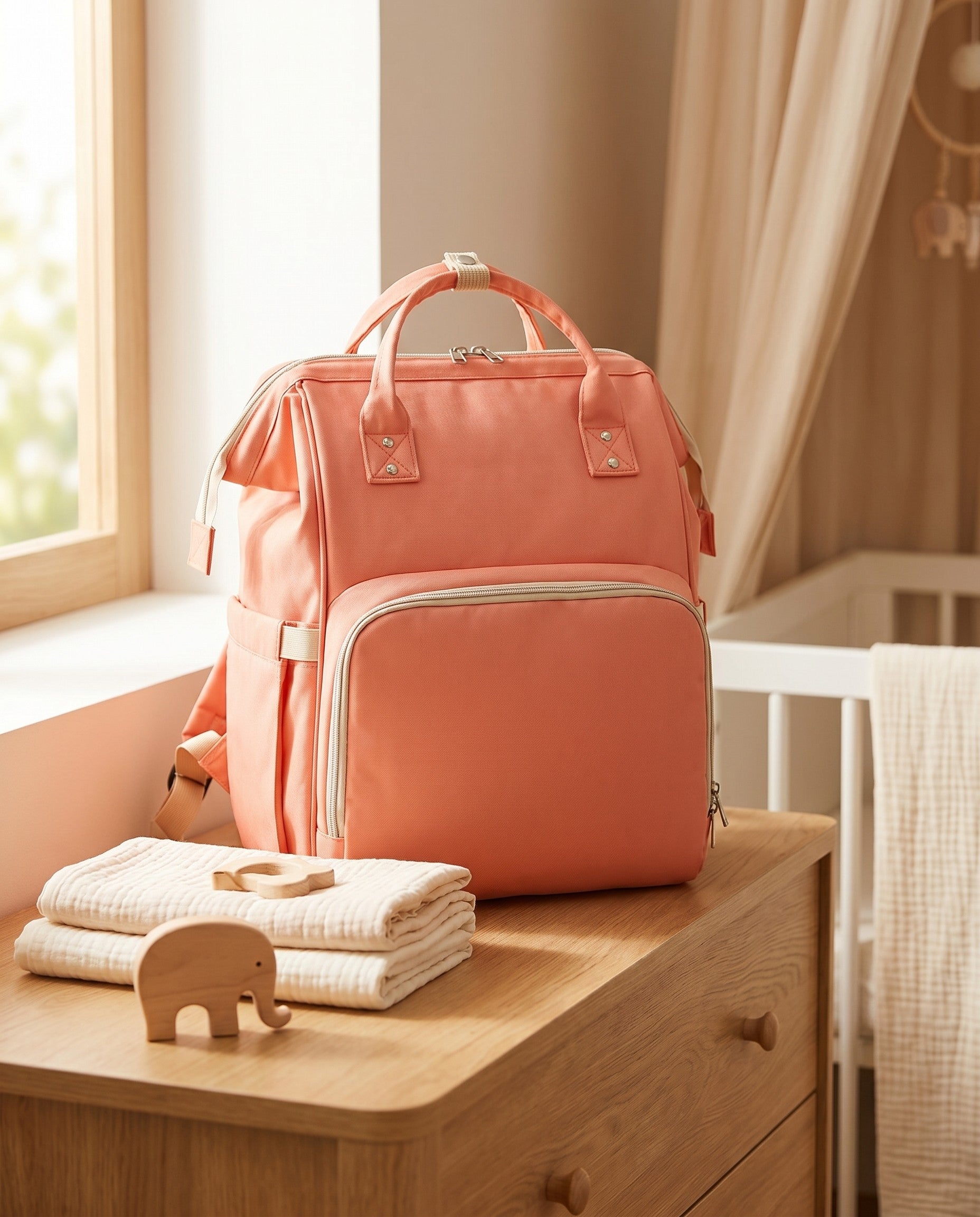 Sac à dos à langer nomade Tendrinette · Corail · scène nursery [c:corail]