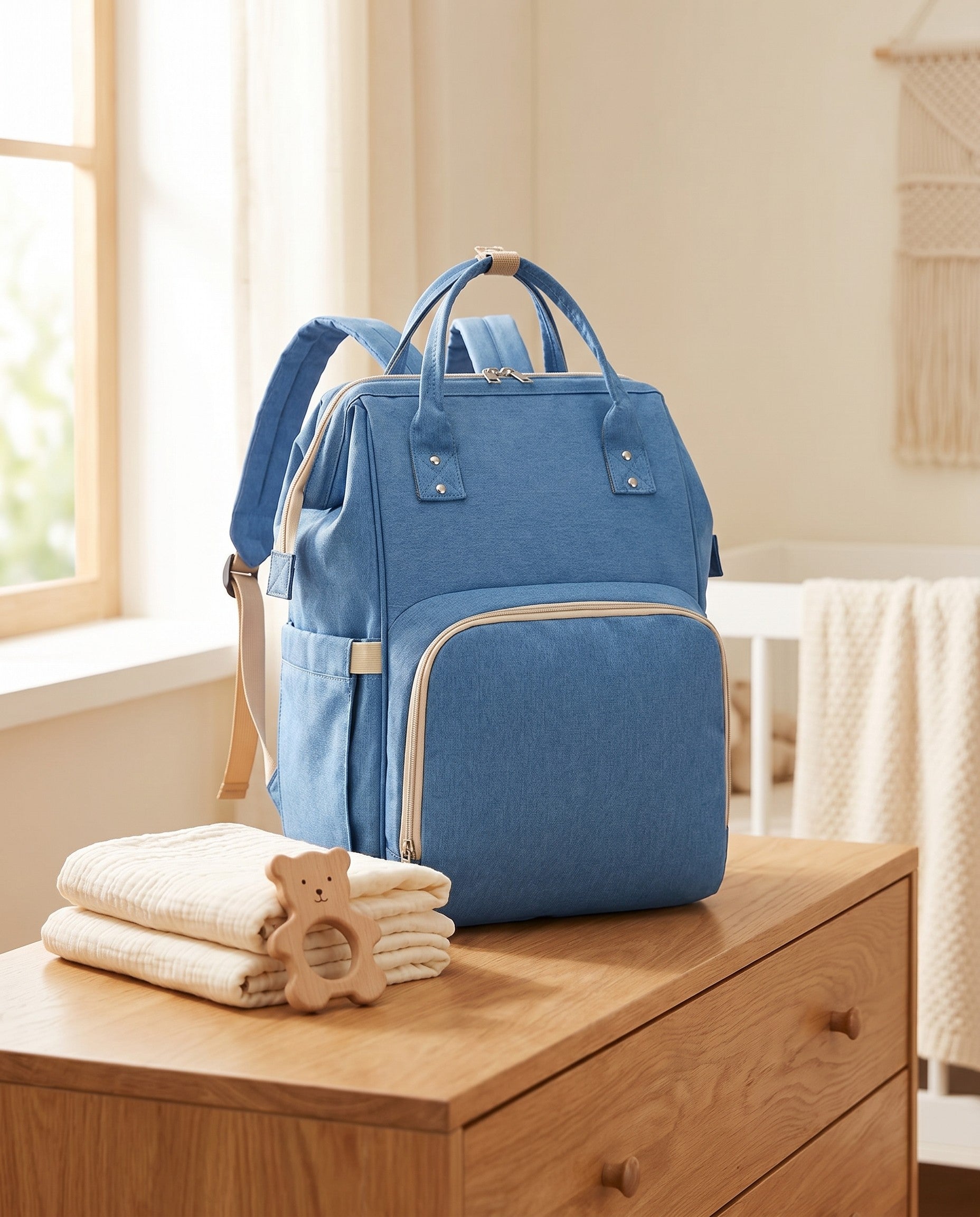 Sac à dos à langer nomade Tendrinette · Bleu · scène nursery [c:bleu]