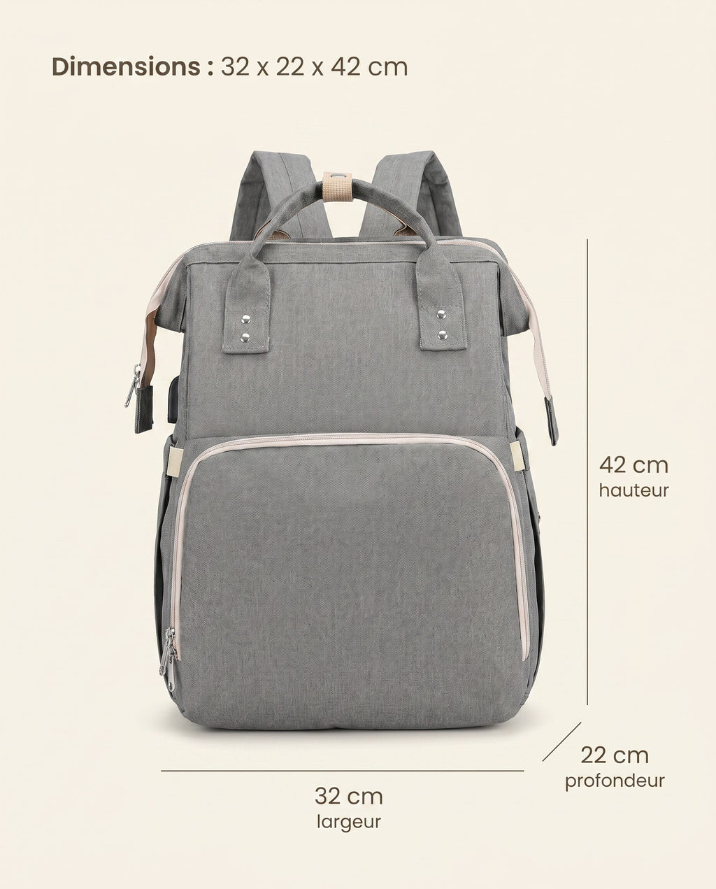 Sac à dos à langer nomade Tendrinette · Gris · dimensions [c:gris]