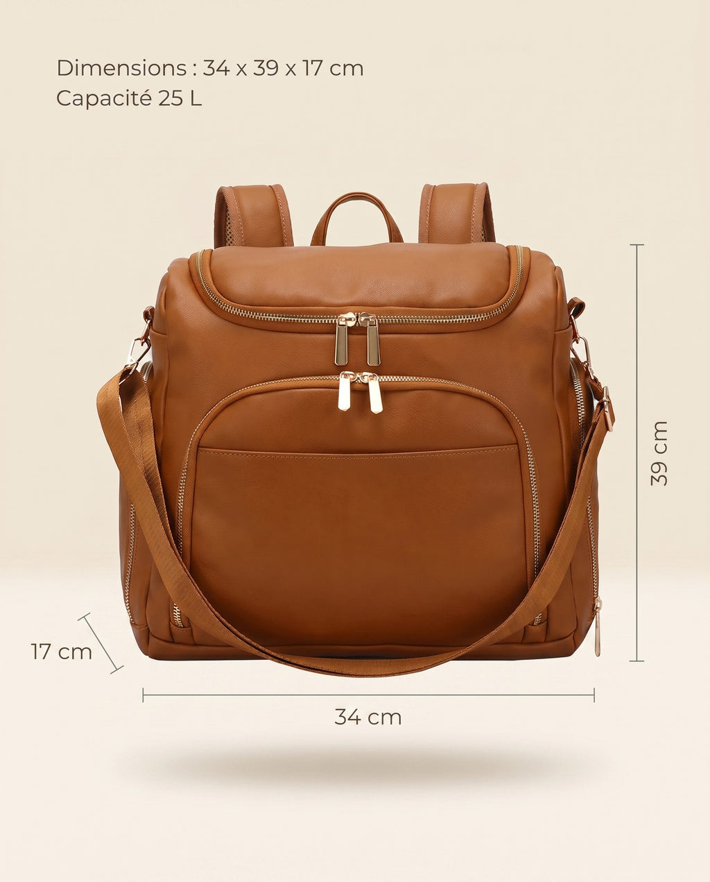 Sac à dos à langer façon cuir Tendrinette · Caramel · dimensions
