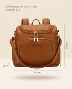 Sac à dos à langer façon cuir Tendrinette · Caramel · dimensions