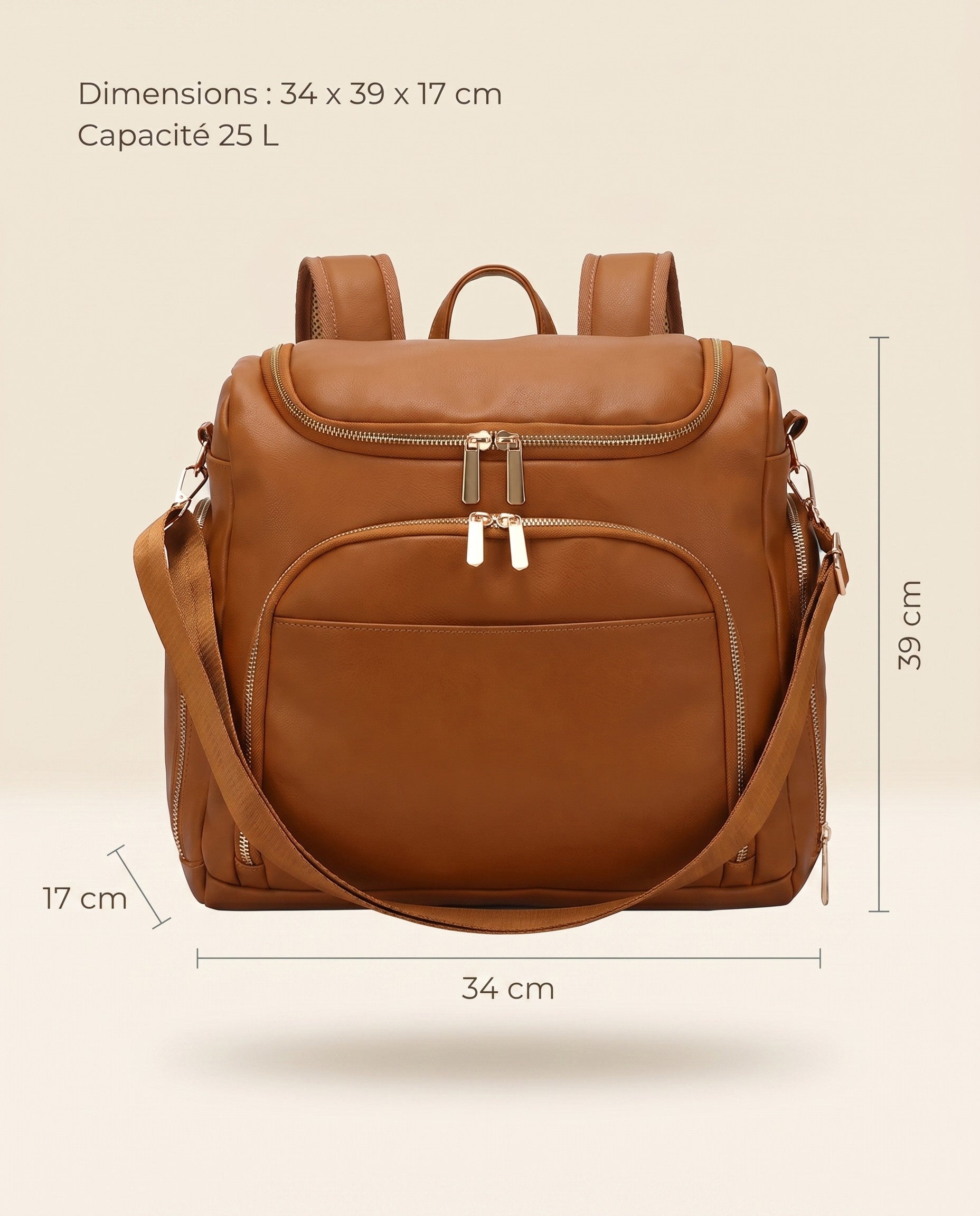 Sac à dos à langer façon cuir Tendrinette · Caramel · dimensions [c:caramel]