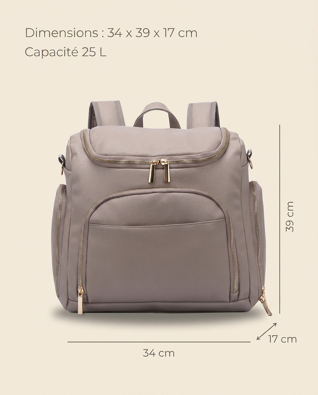 Sac à dos à langer façon cuir Tendrinette · Taupe · dimensions