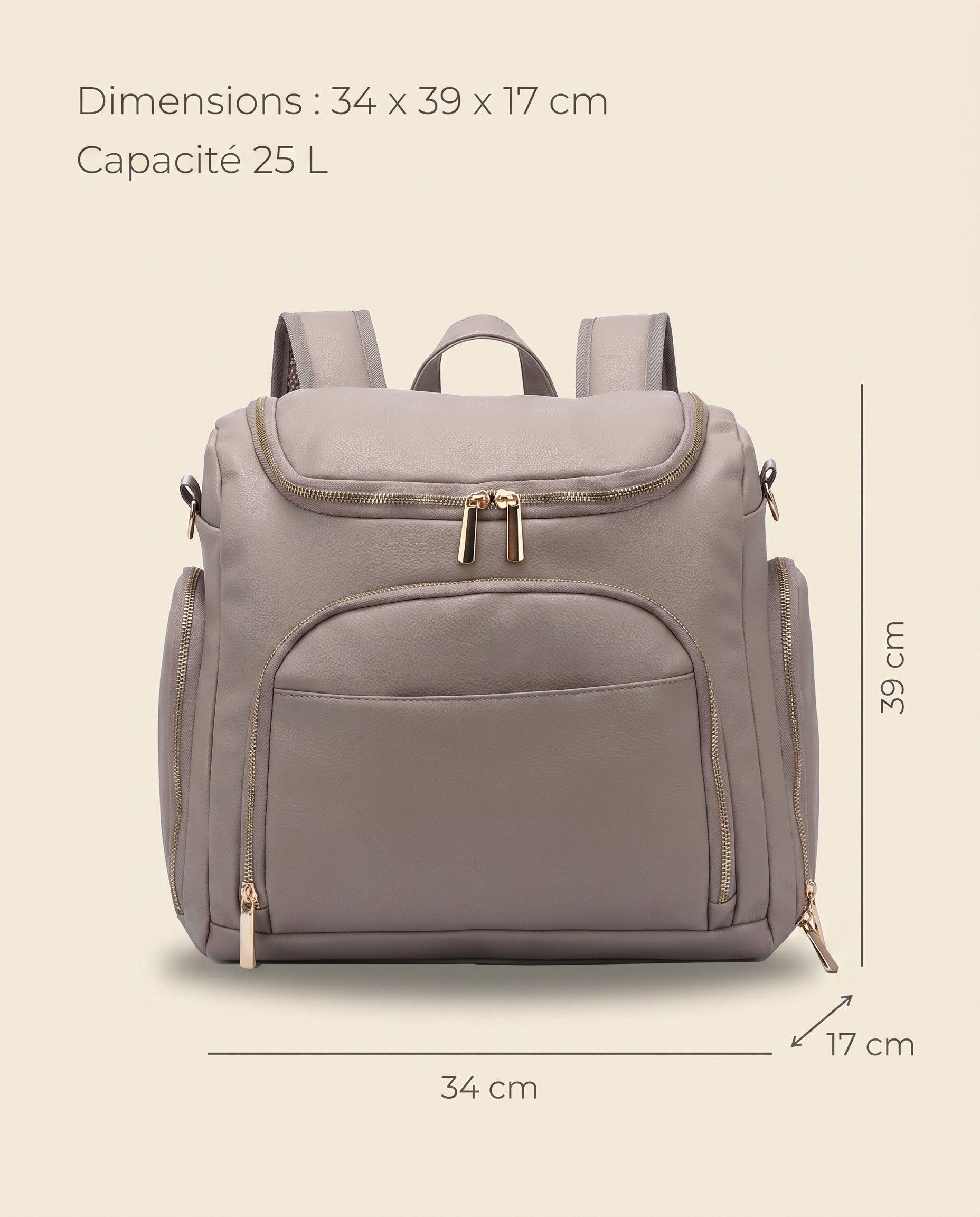 Sac à dos à langer façon cuir Tendrinette · Taupe · dimensions