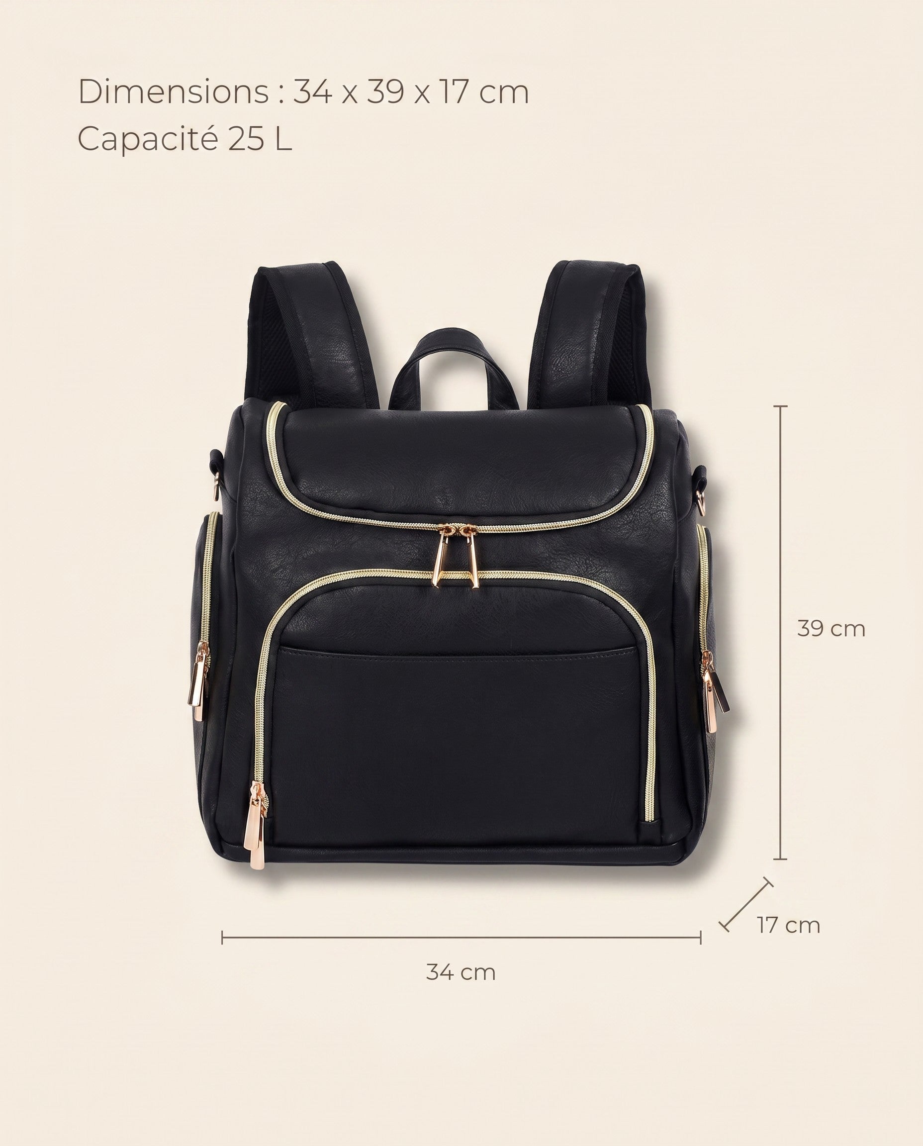 Sac à dos à langer façon cuir Tendrinette · Noir · dimensions