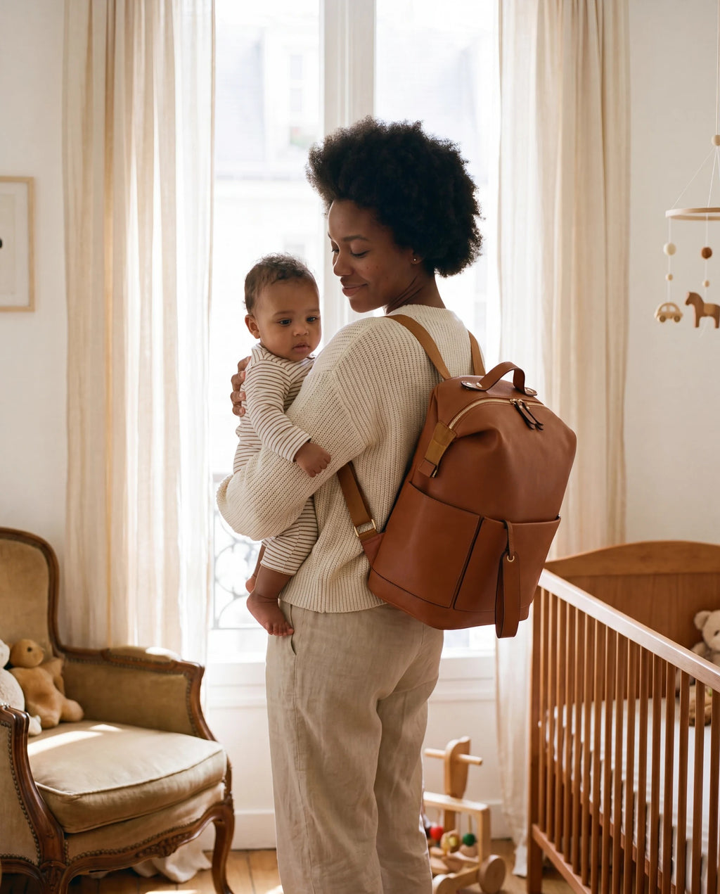 Sac à dos à langer façon cuir Tendrinette · Caramel · maman et bébé