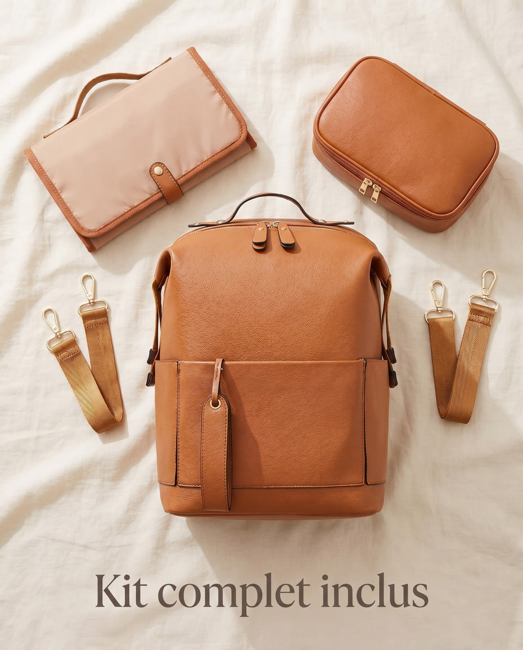 Sac à dos à langer façon cuir Tendrinette · Caramel · set complet