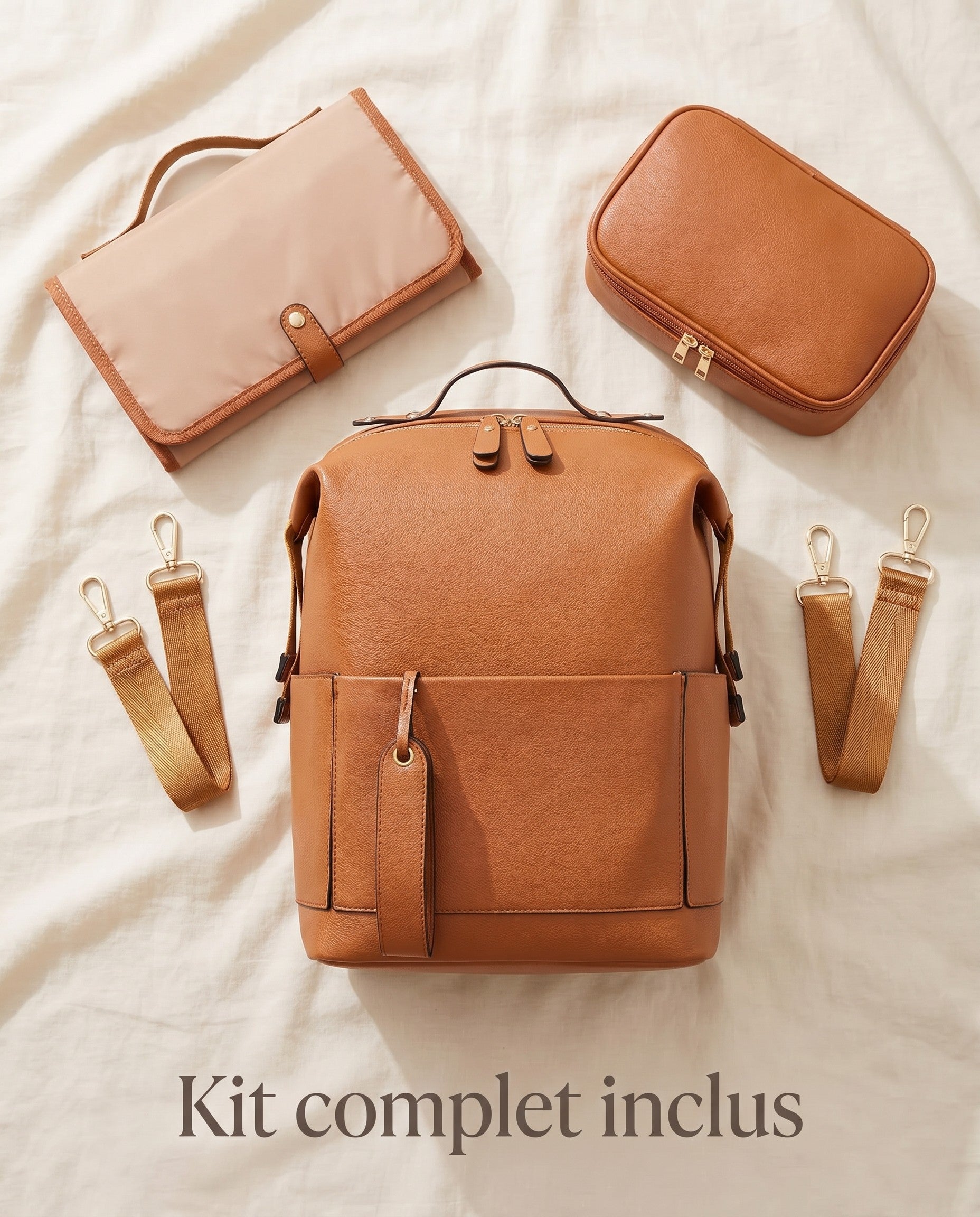 Sac à dos à langer façon cuir Tendrinette · Caramel · set complet