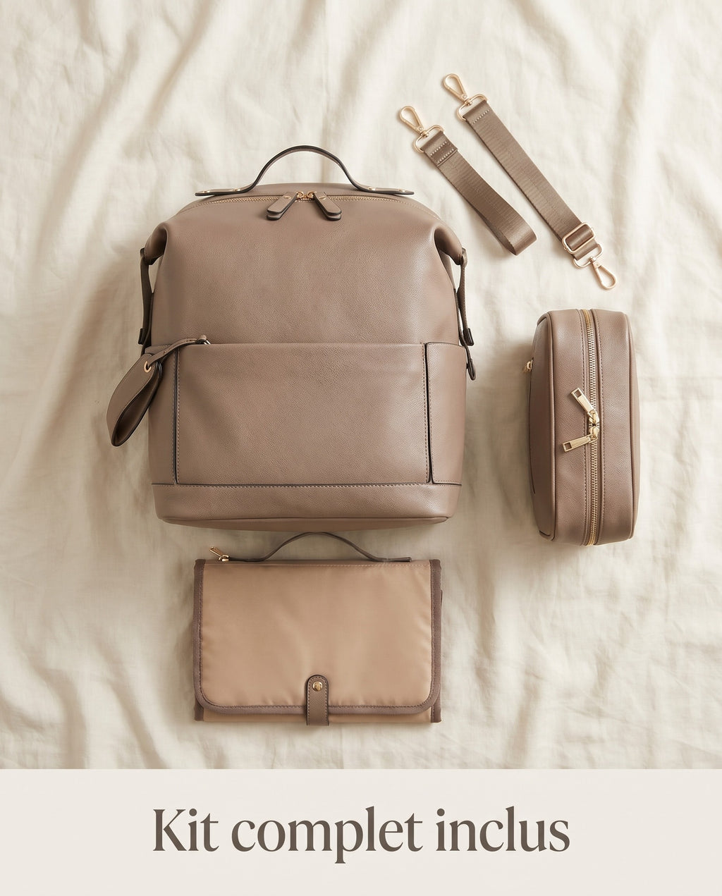 Sac à dos à langer façon cuir Tendrinette · Taupe · set complet