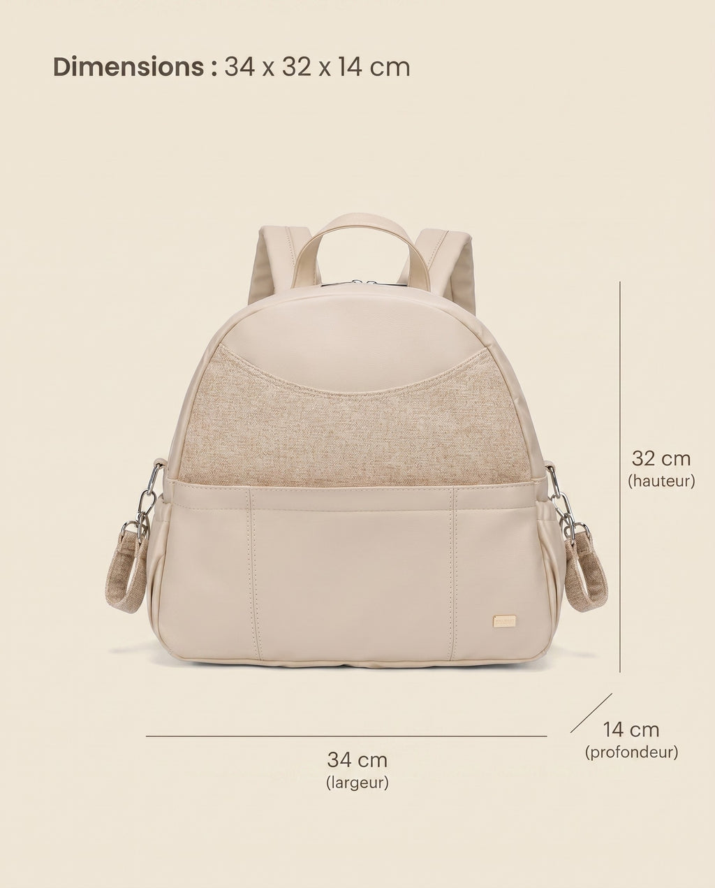 Sac à dos à langer simili cuir Tendrinette · Crème · dimensions