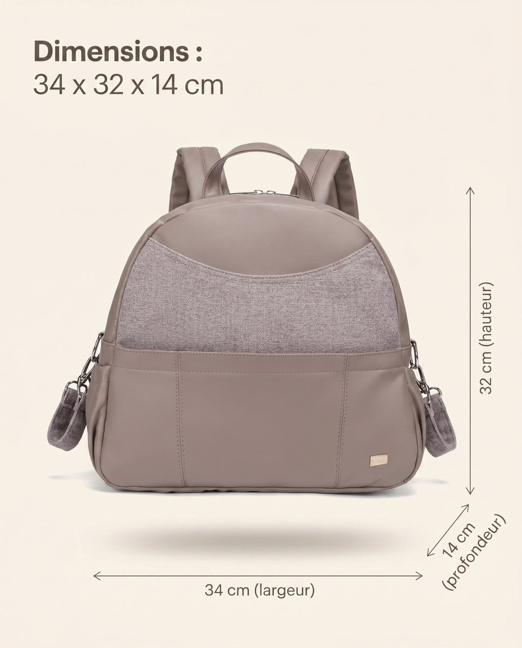 Sac à dos à langer simili cuir Tendrinette · Beige rosé · dimensions