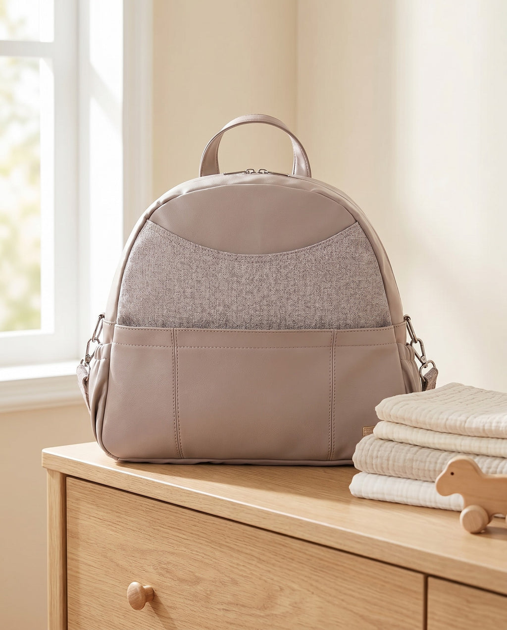 Sac à dos à langer simili cuir Tendrinette · Beige rosé · scène nursery