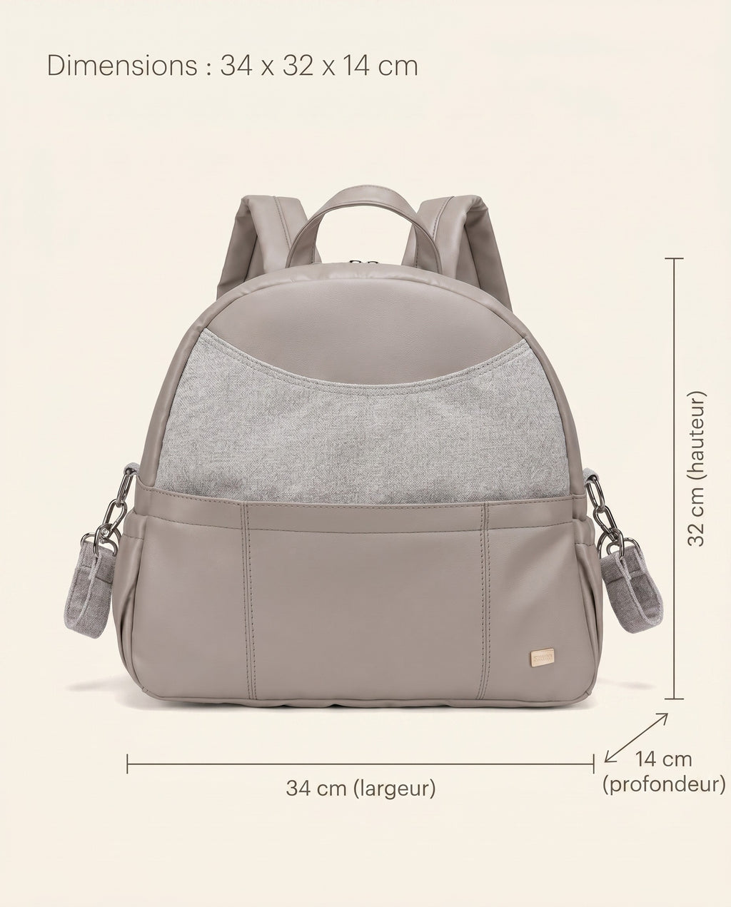 Sac à dos à langer simili cuir Tendrinette · Taupe · dimensions