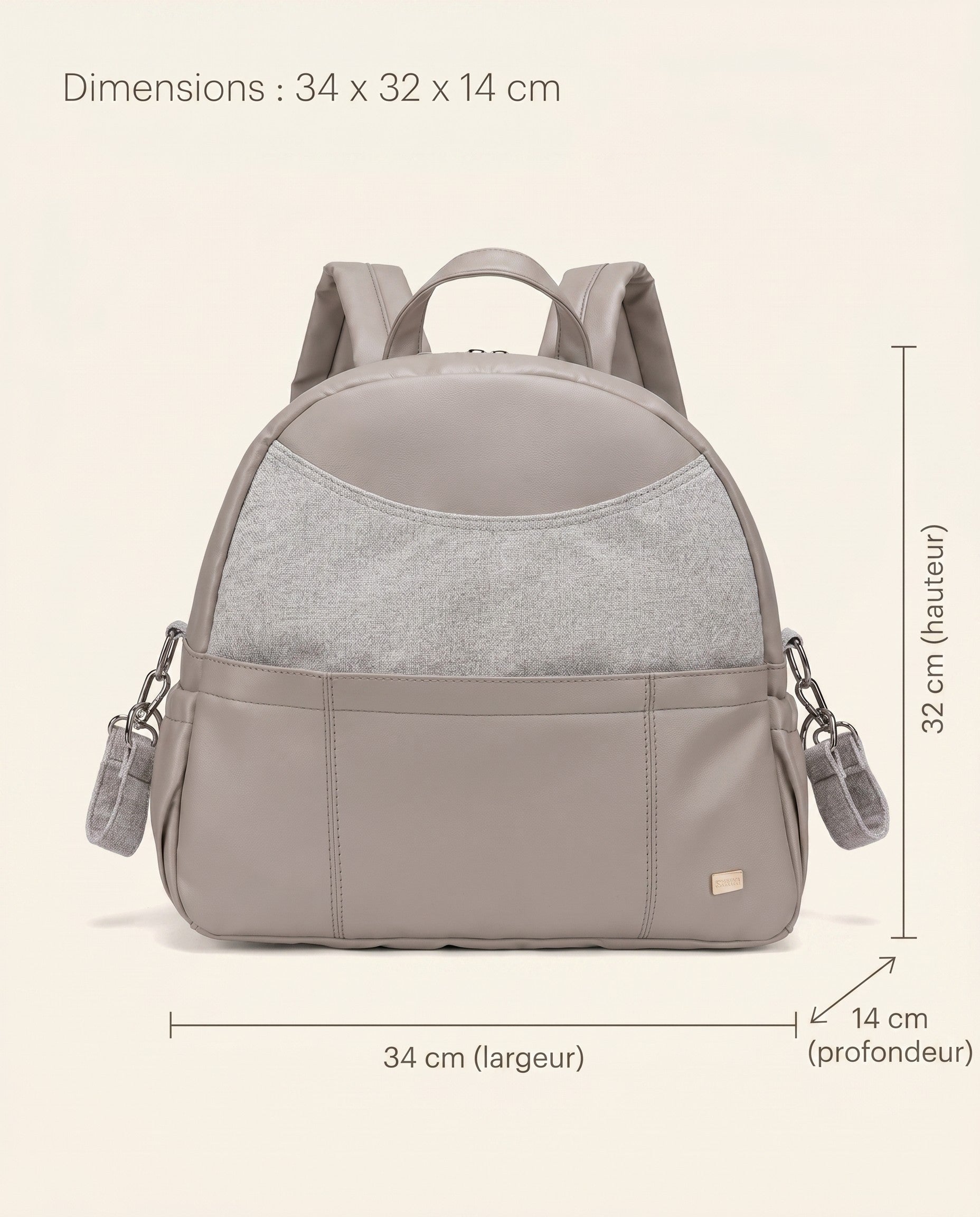 Sac à dos à langer simili cuir Tendrinette · Taupe · dimensions