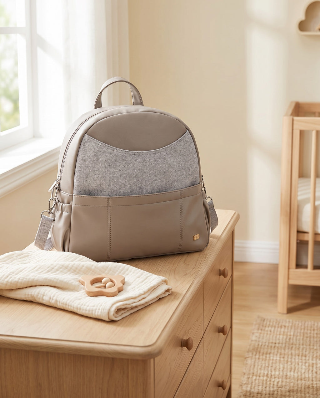 Sac à dos à langer simili cuir Tendrinette · Taupe · scène nursery