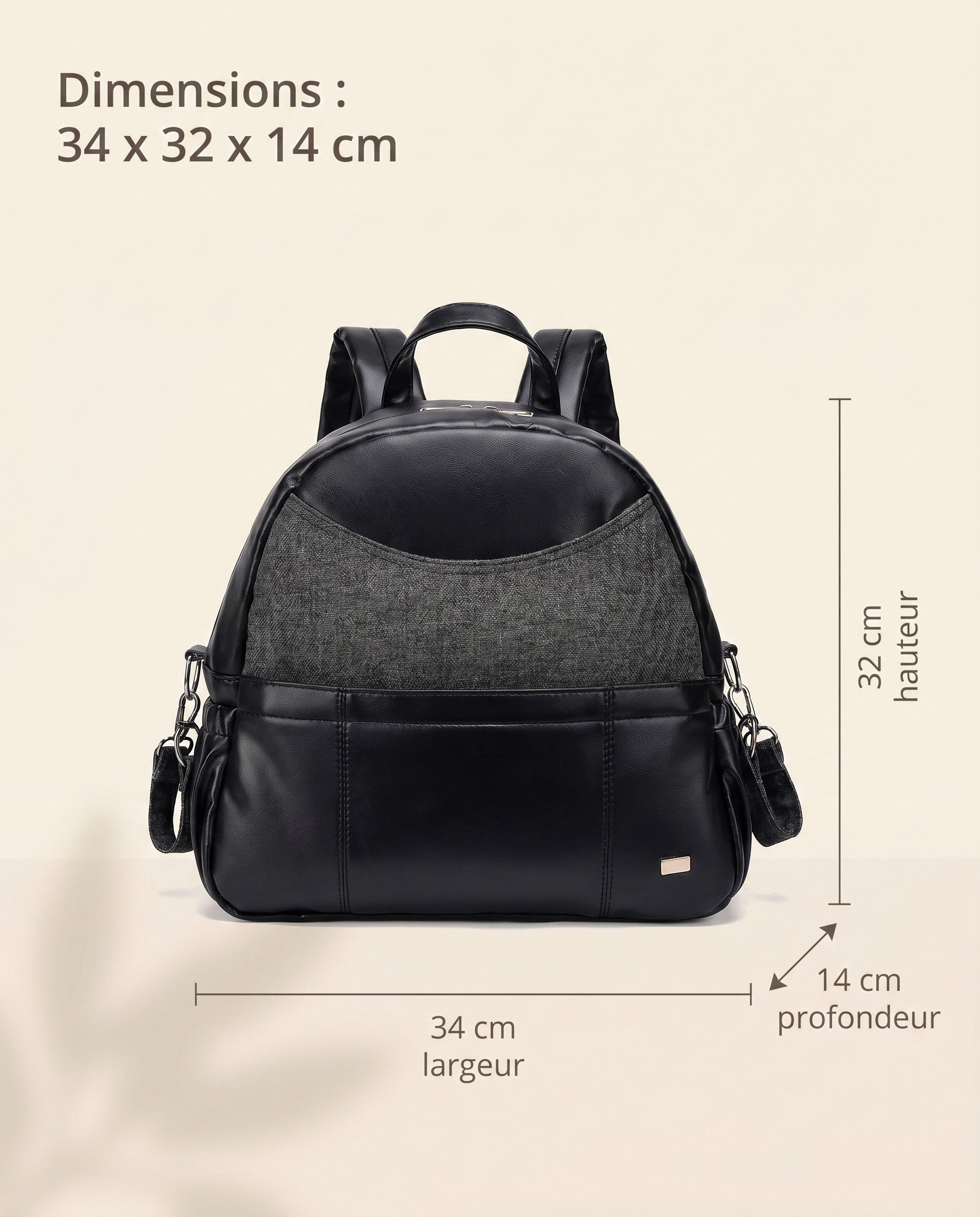 Sac à dos à langer simili cuir Tendrinette · Noir · dimensions