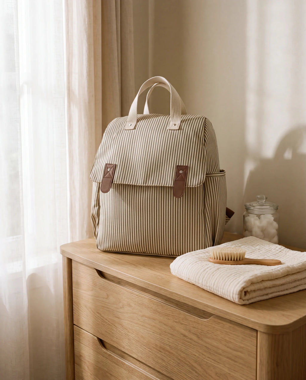 Sac à dos à langer rayé beige posé dans une chambre de bébé