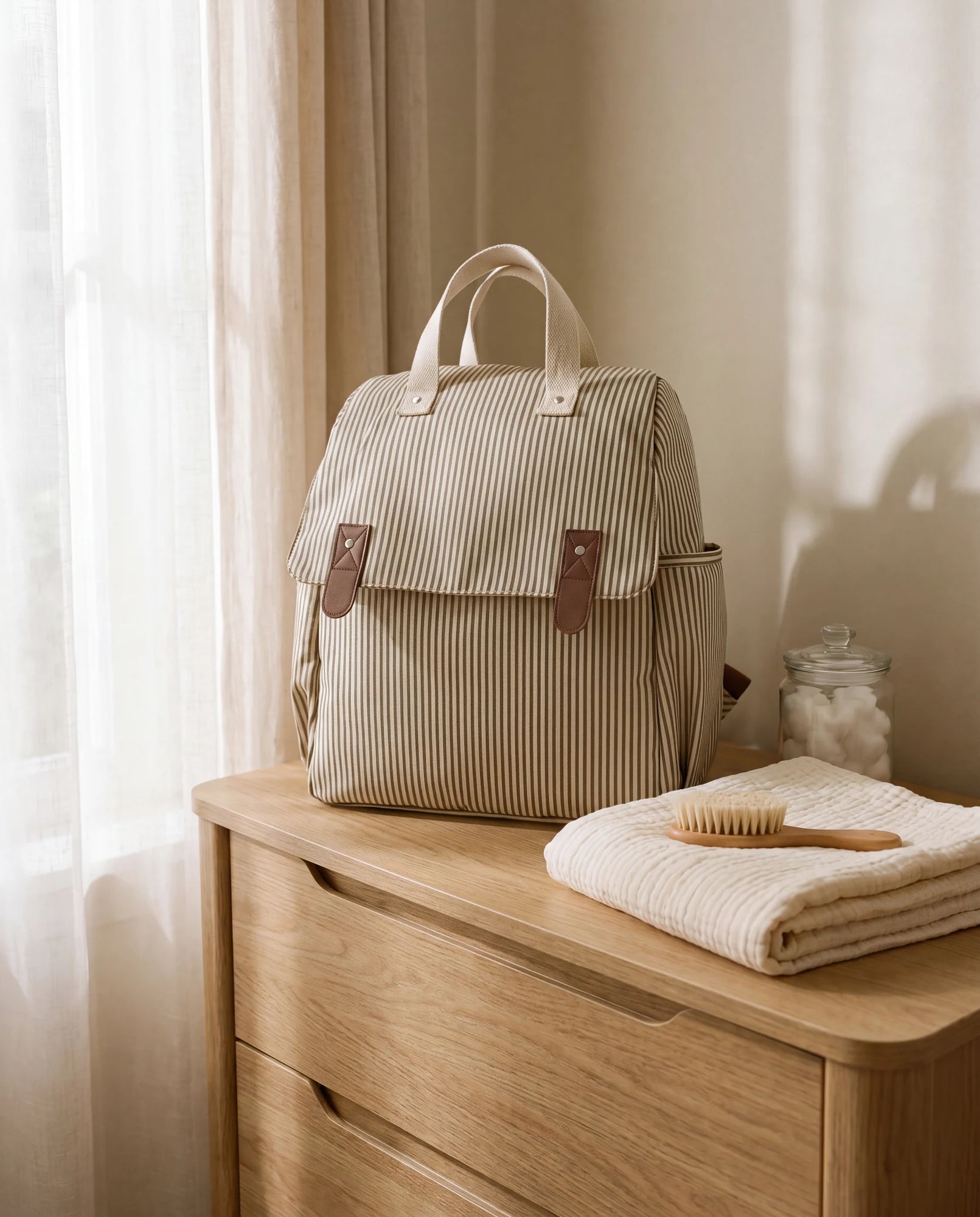 Sac à dos à langer rayé beige posé dans une chambre de bébé