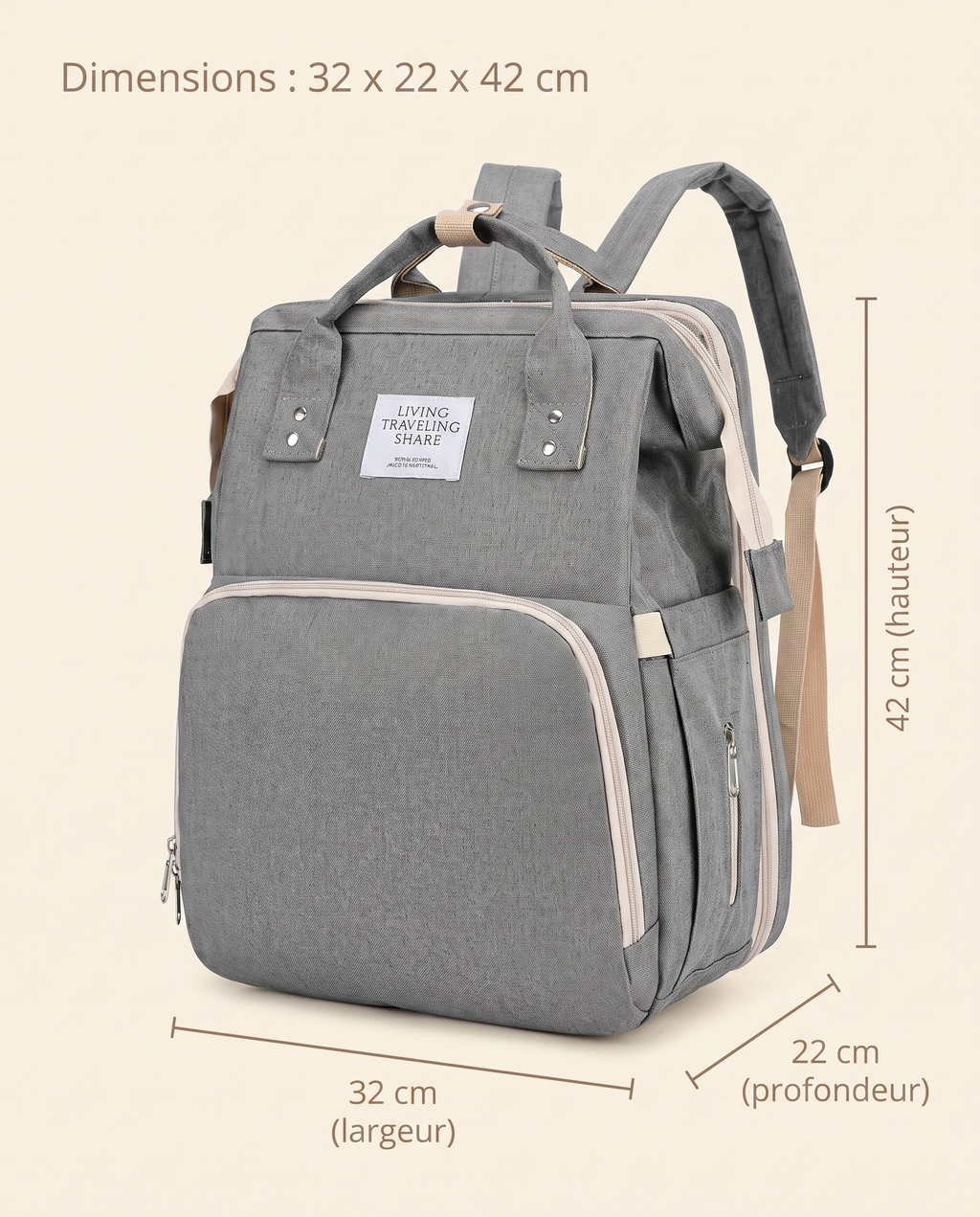 Sac à dos à langer nomade Tendrinette · Gris · dimensions