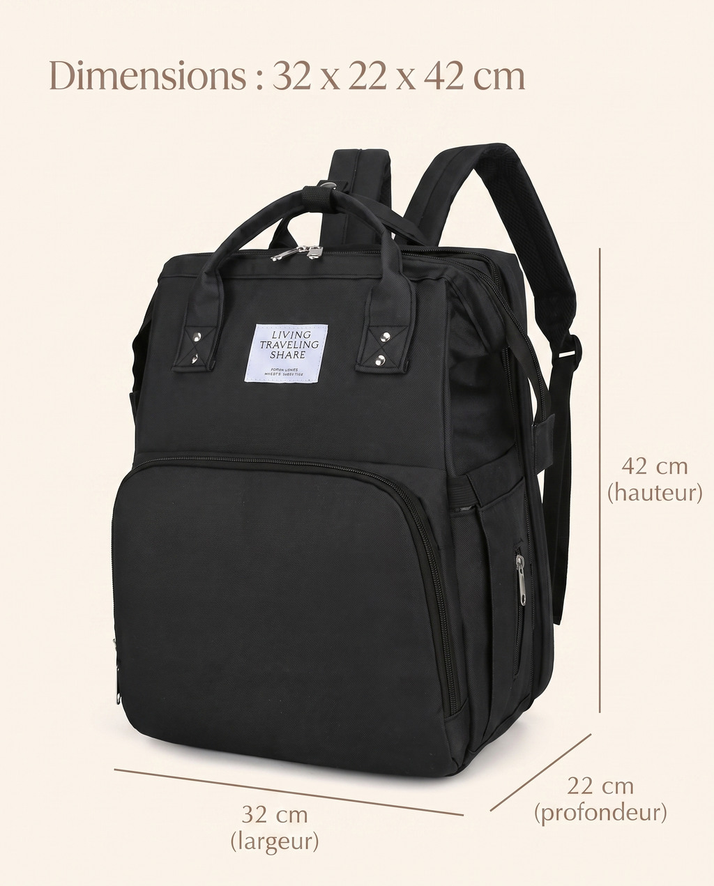 Sac à dos à langer nomade Tendrinette · Noir · dimensions