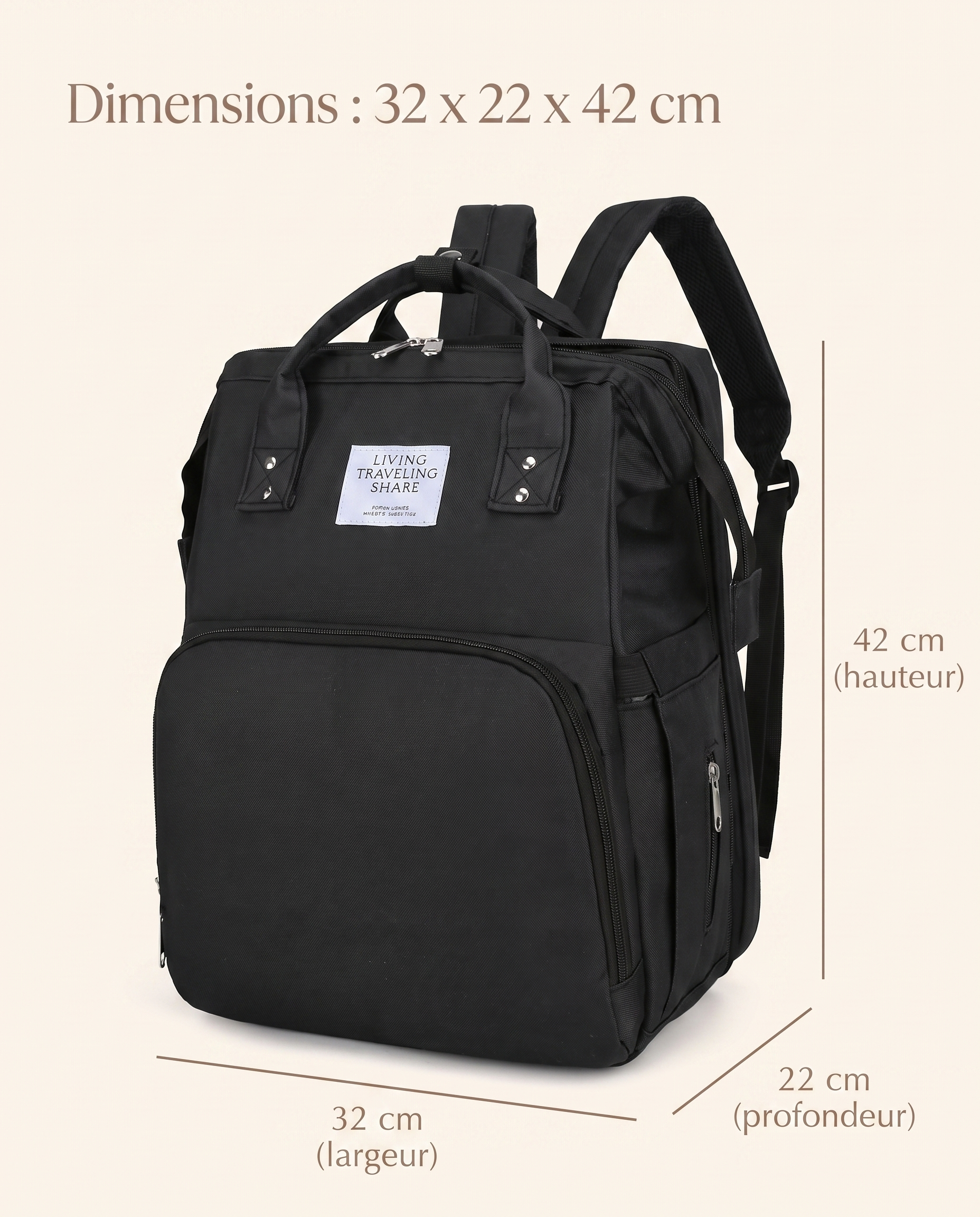 Sac à dos à langer nomade Tendrinette · Noir · dimensions
