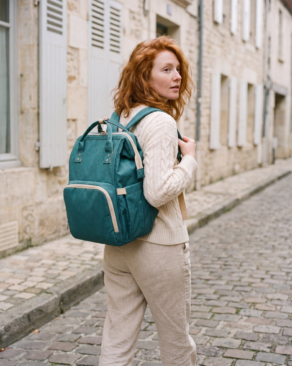 Sac à dos à langer nomade Tendrinette · Vert · porté