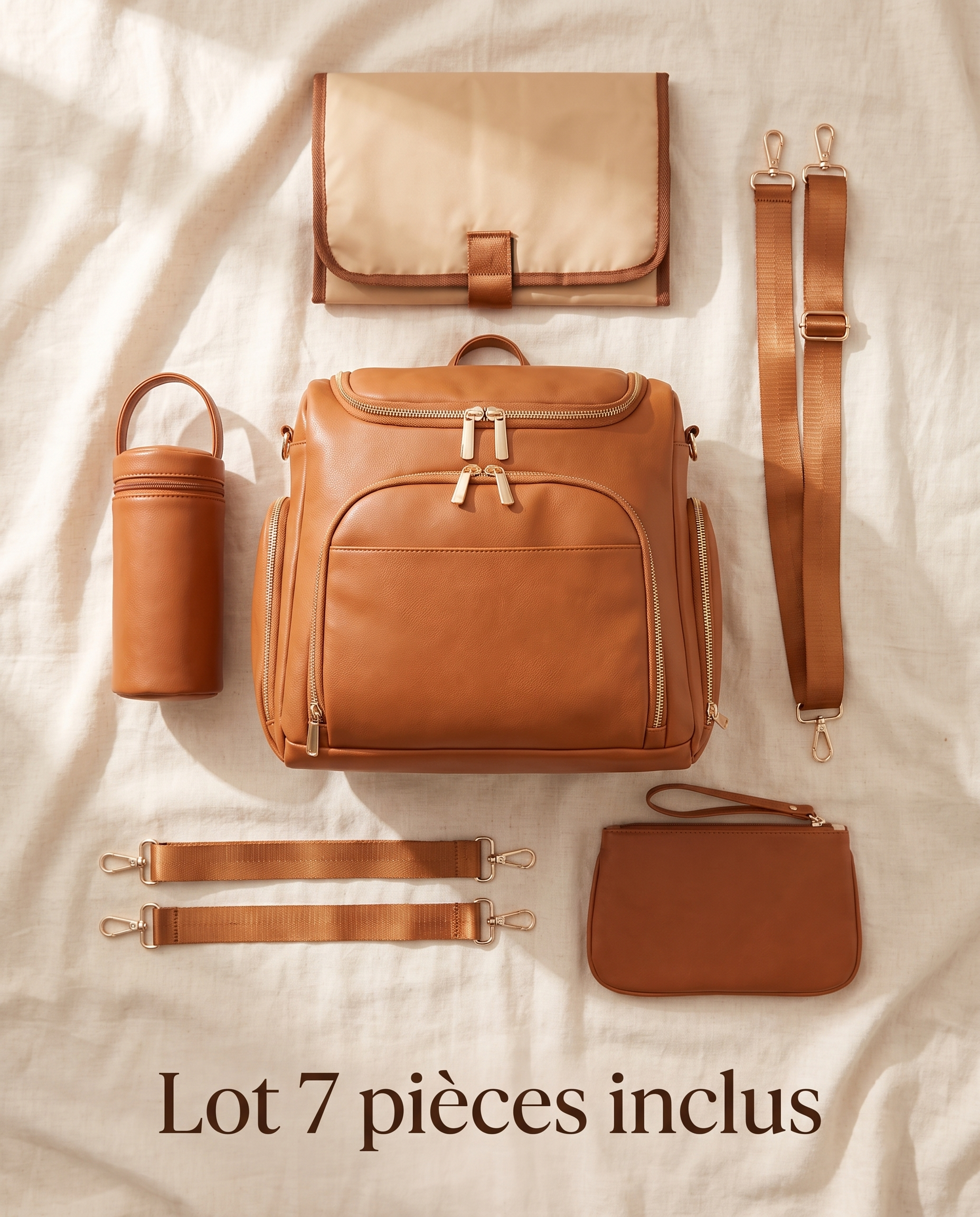 Sac à dos à langer façon cuir Tendrinette · Caramel · set complet