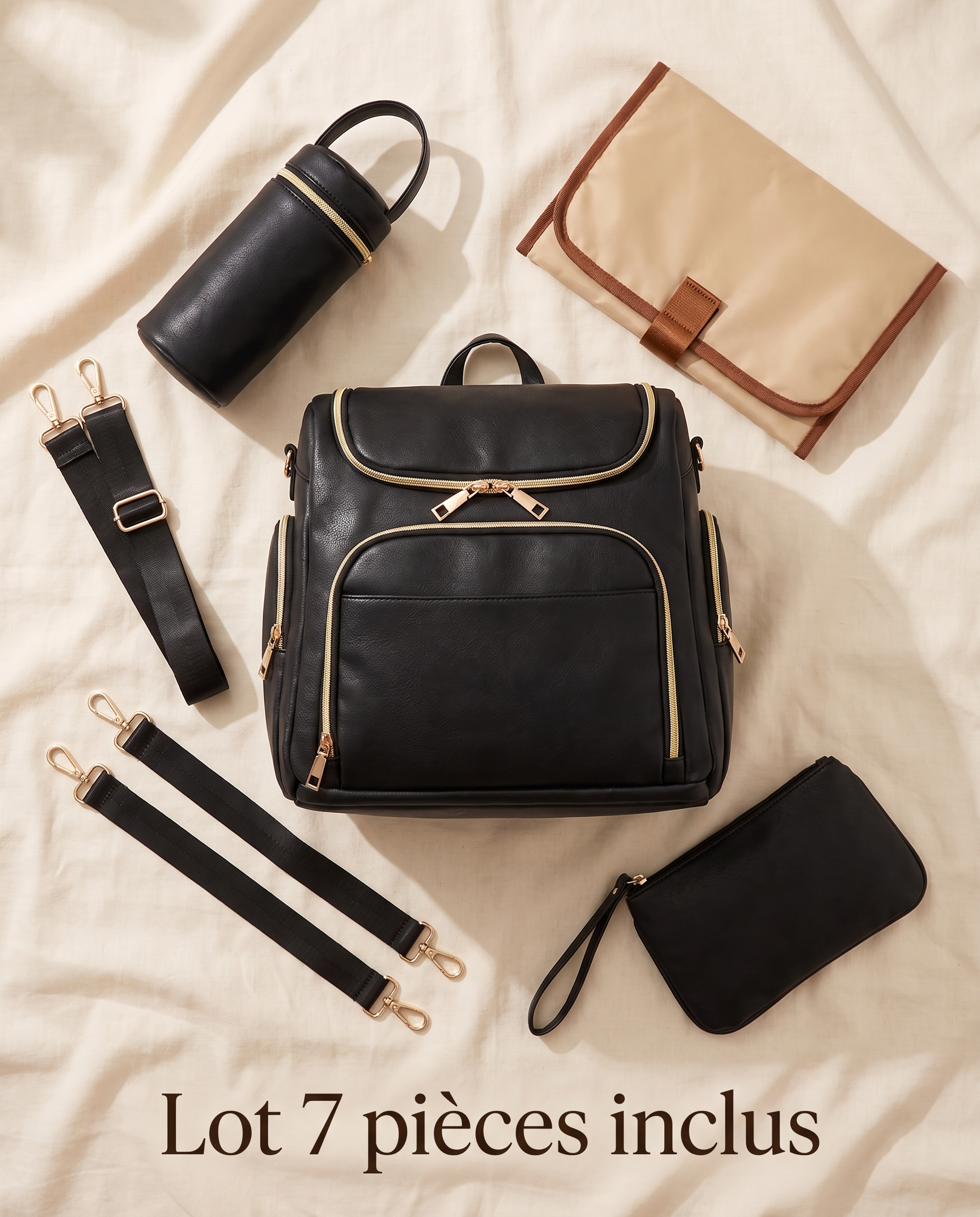 Sac à dos à langer façon cuir Tendrinette · Noir · set complet
