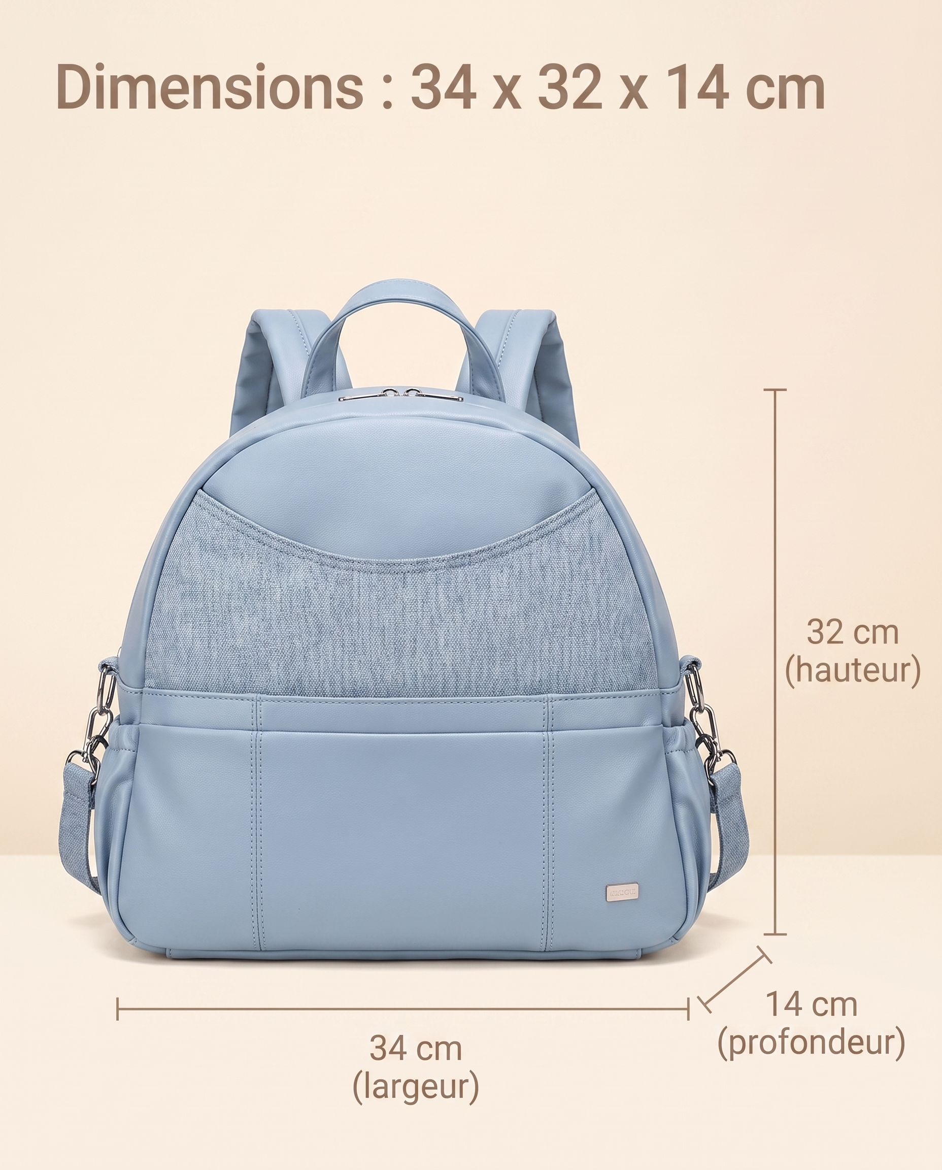 Sac à dos à langer simili cuir Tendrinette · Bleu · dimensions