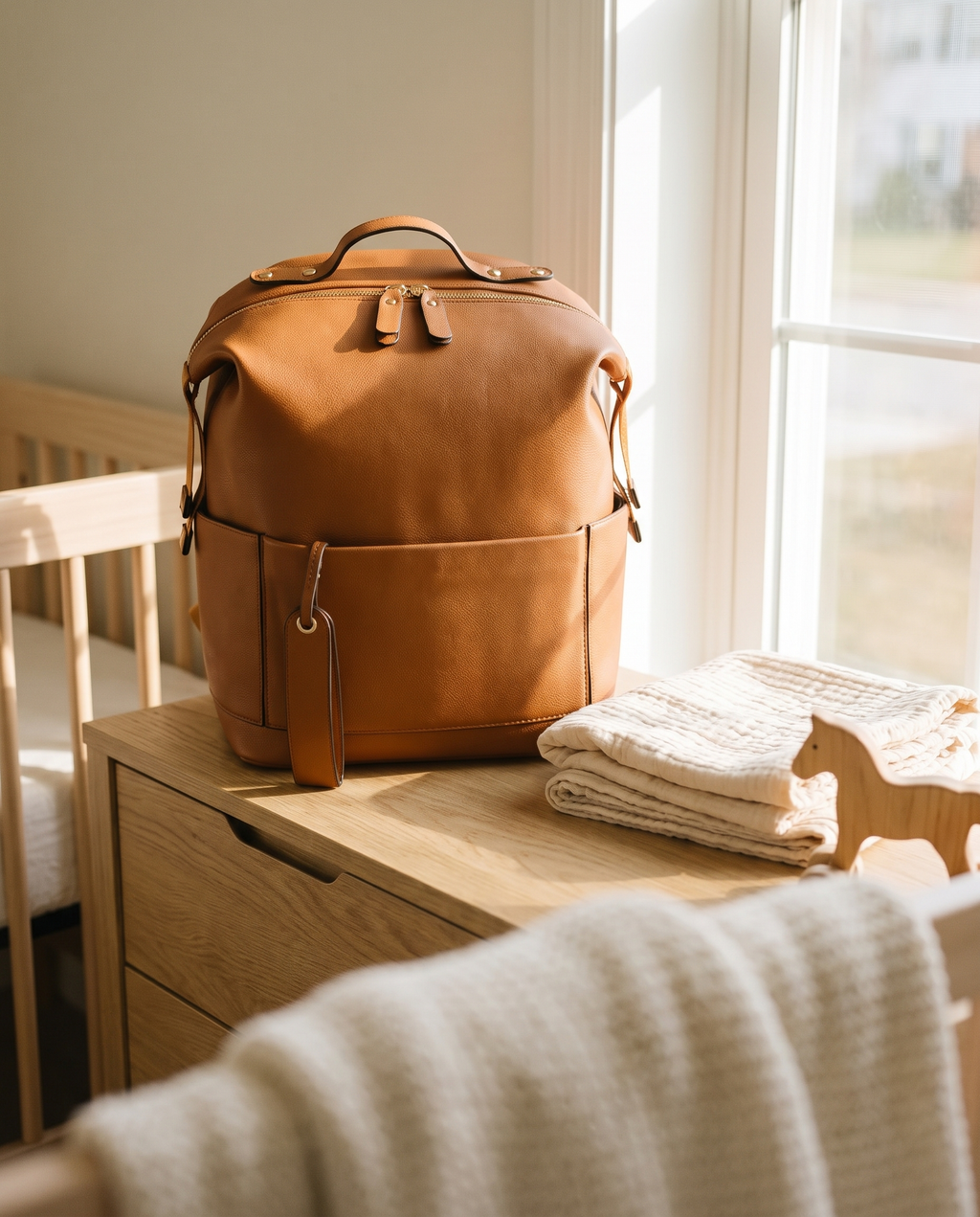 Sac à dos à langer façon cuir Tendrinette · Caramel · scène nursery