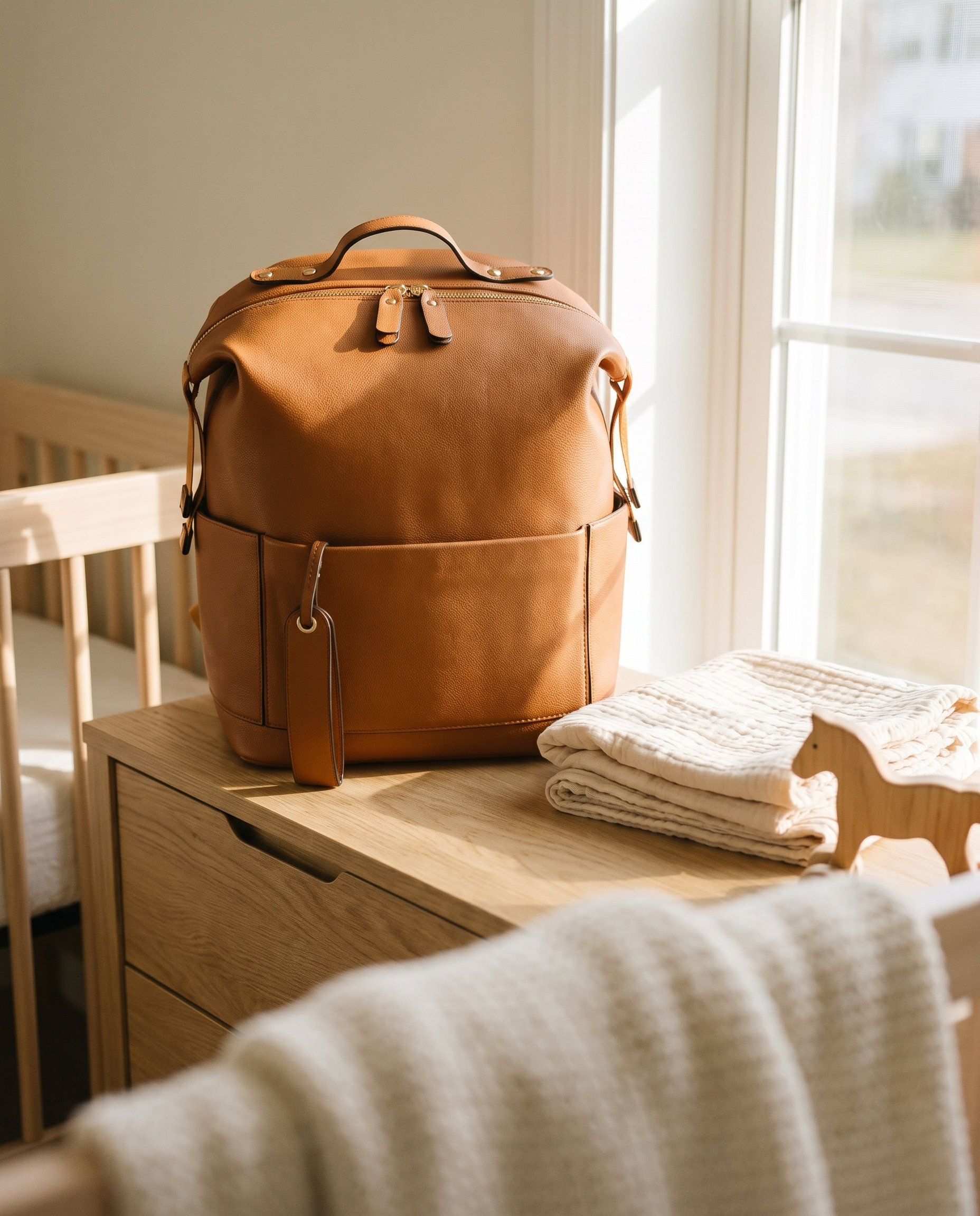 Sac à dos à langer façon cuir Tendrinette · Caramel · scène nursery
