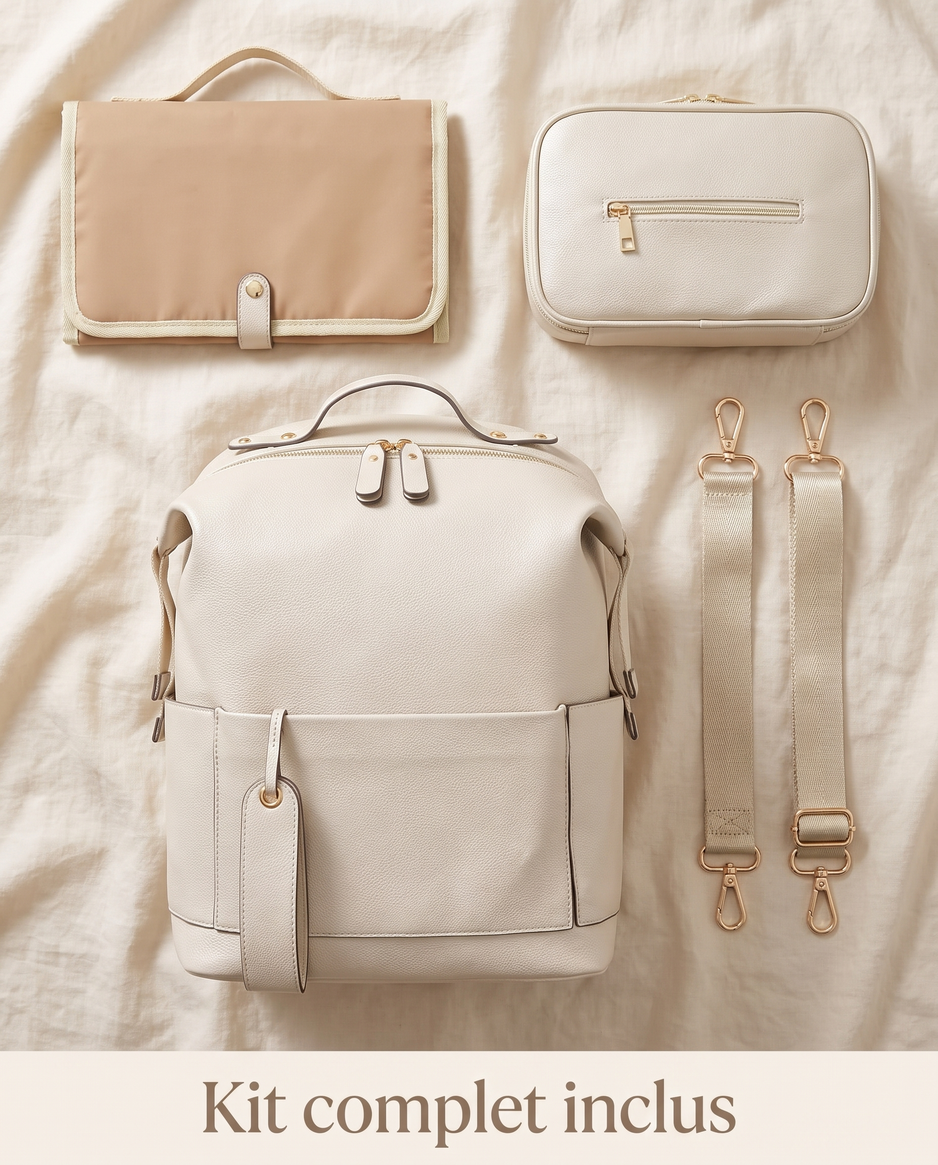 Sac à dos à langer façon cuir Tendrinette · Ivoire · set complet