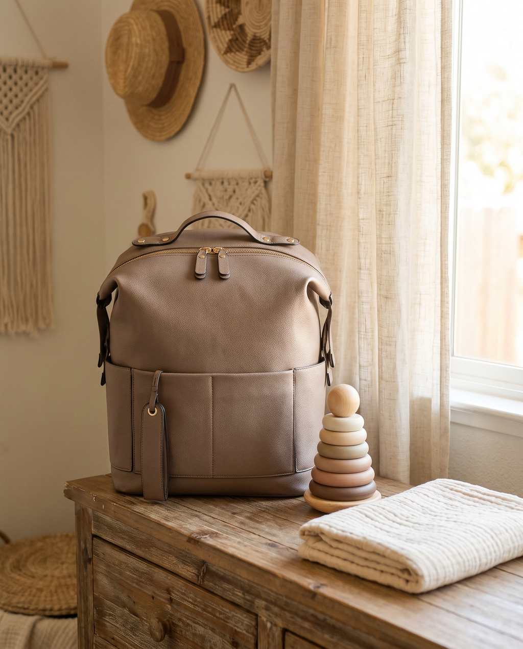 Sac à dos à langer façon cuir Tendrinette · Taupe · scène nursery